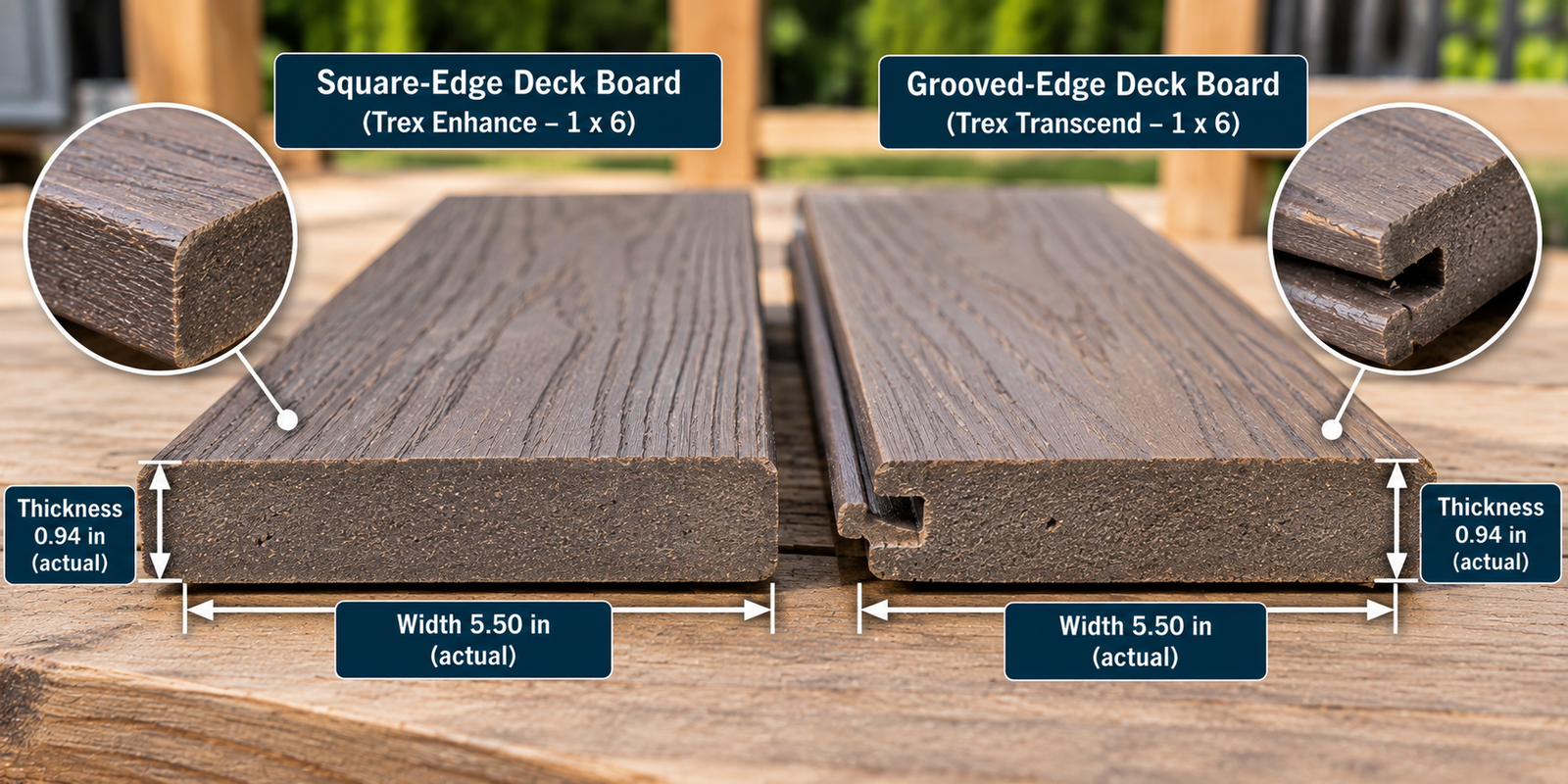 Side-by-side comparison of square-edge and grooved-edge composite deck boards, showing 0.94-inch thickness, 5.50-inch width, and edge profiles for different fastening methods.