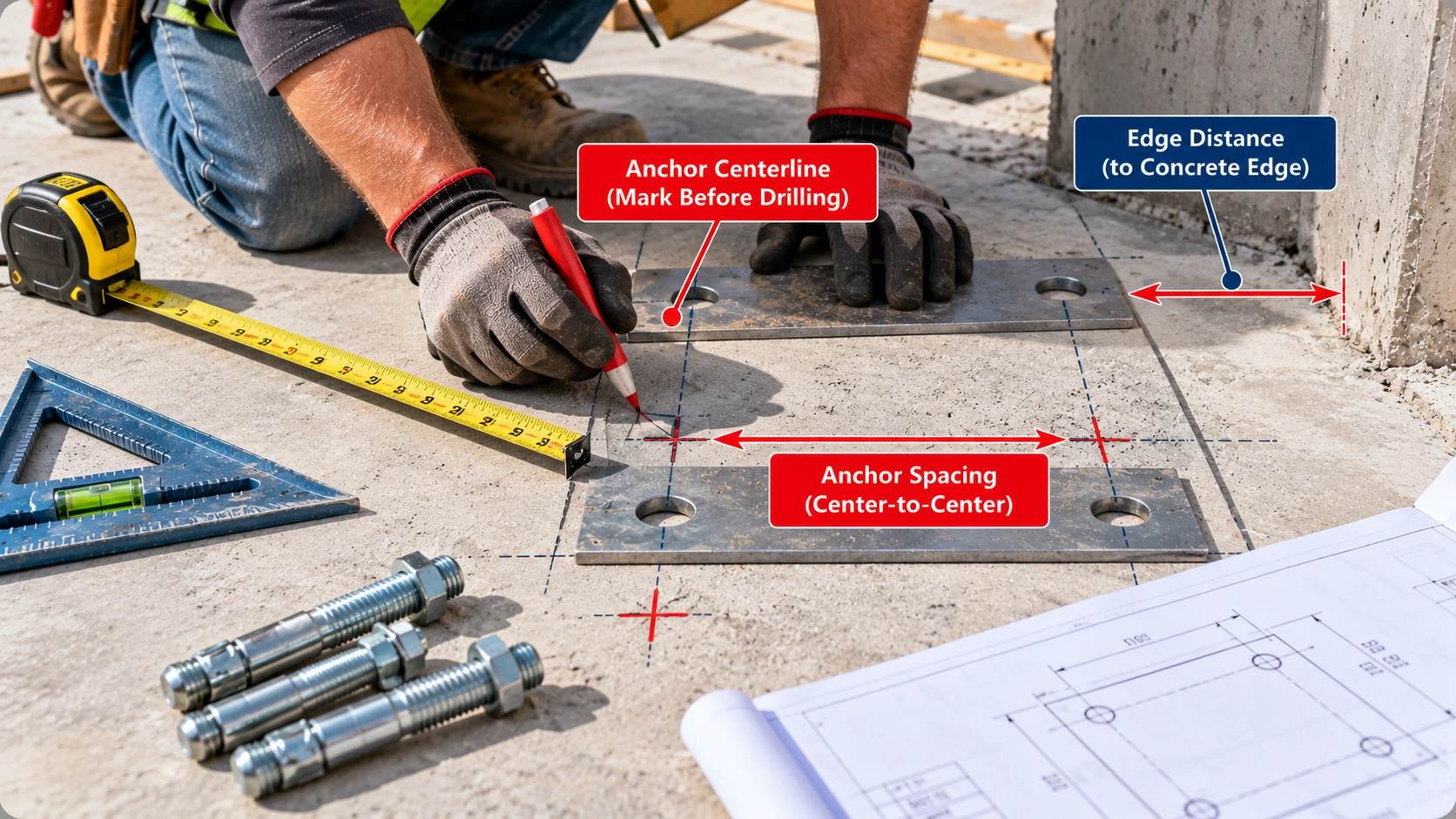 Construction worker marking anchor bolt centerlines on a concrete slab using steel base plate templates, a tape measure, and layout tools to illustrate anchor spacing and edge distance.