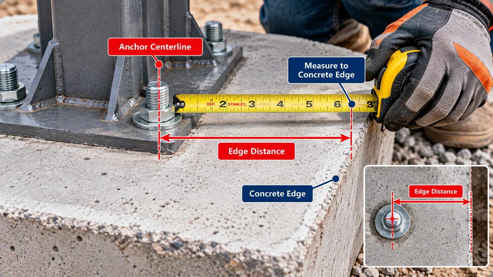 Worker measuring concrete anchor edge distance with a tape measure from the anchor bolt centerline to the concrete foundation edge beside a steel column base plate.