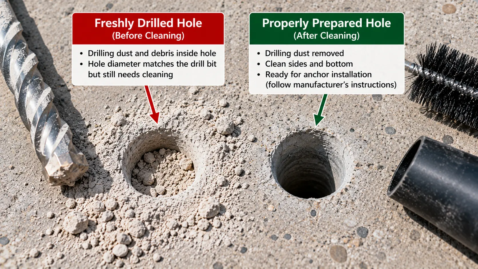 Side-by-side comparison of a freshly drilled concrete anchor hole filled with dust and debris and a properly cleaned anchor hole, with a carbide masonry drill bit, hole-cleaning brush, and dust removal nozzle.