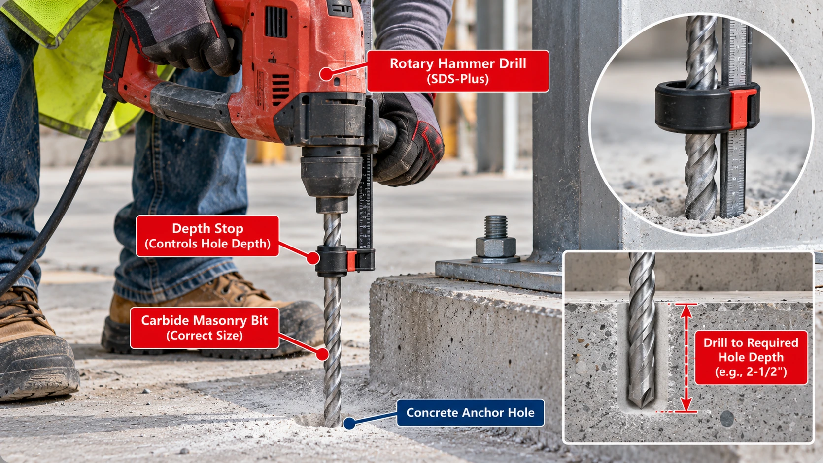 Construction worker drilling a concrete anchor hole with an SDS-Plus rotary hammer, carbide masonry bit, and adjustable depth stop, with an inset showing hole depth.