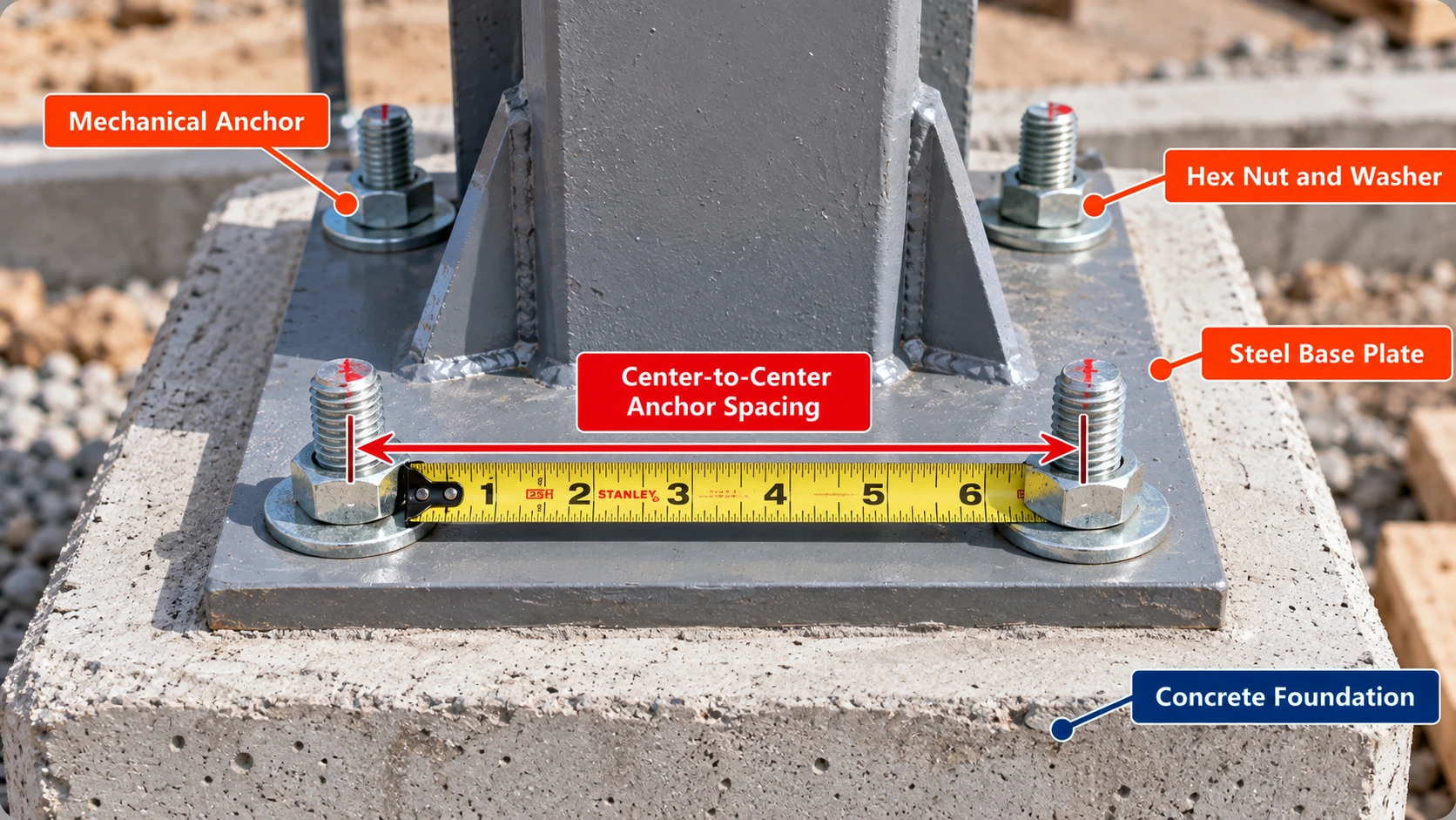 Steel column base plate secured to a concrete pedestal with four anchor rods, hex nuts and washers, showing center-to-center anchor spacing with a measuring tape.