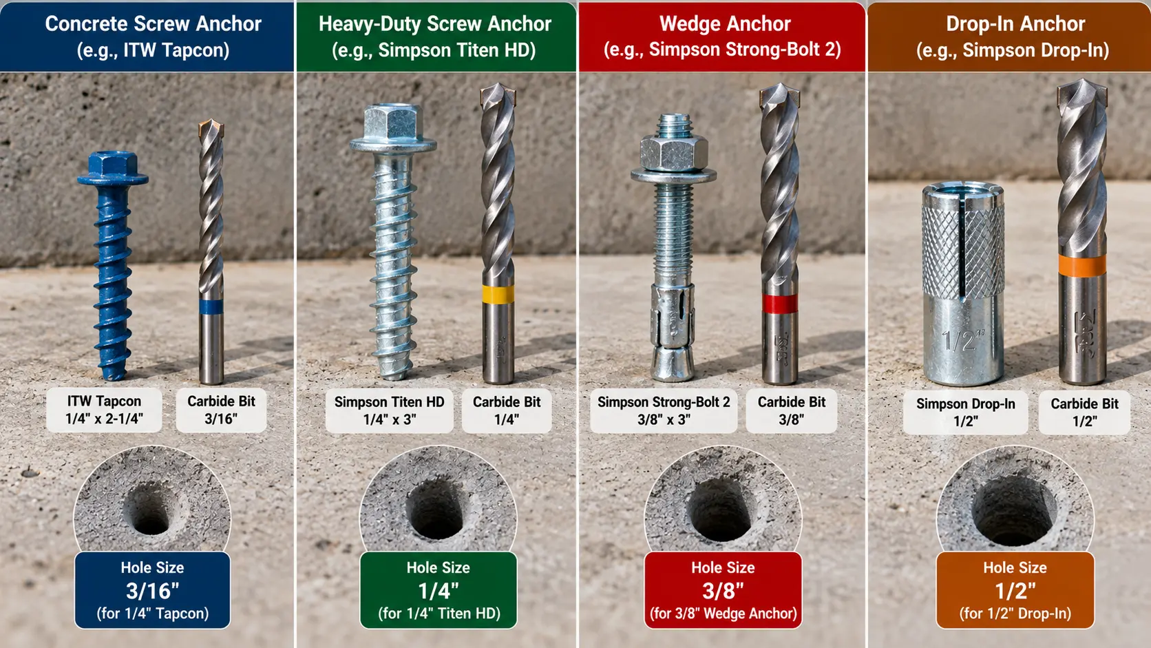 Comparison of concrete screw, heavy-duty screw, wedge and drop-in anchors alongside carbide drill bits, illustrating different concrete anchor hole-size requirements.