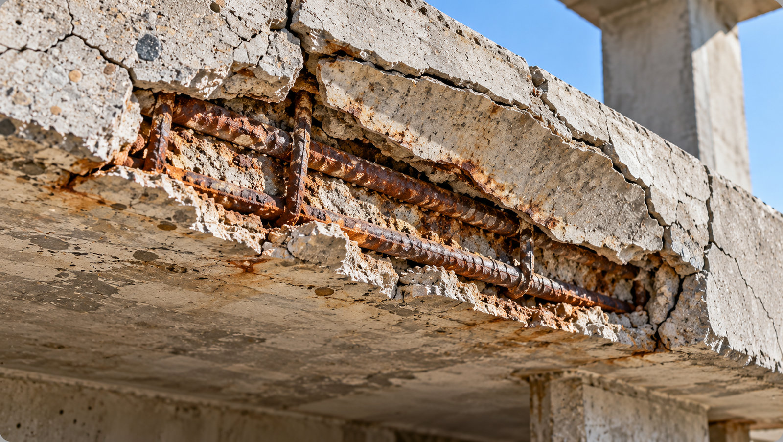 Close-up of deteriorated reinforced concrete showing rusted steel rebar, cracks, separated