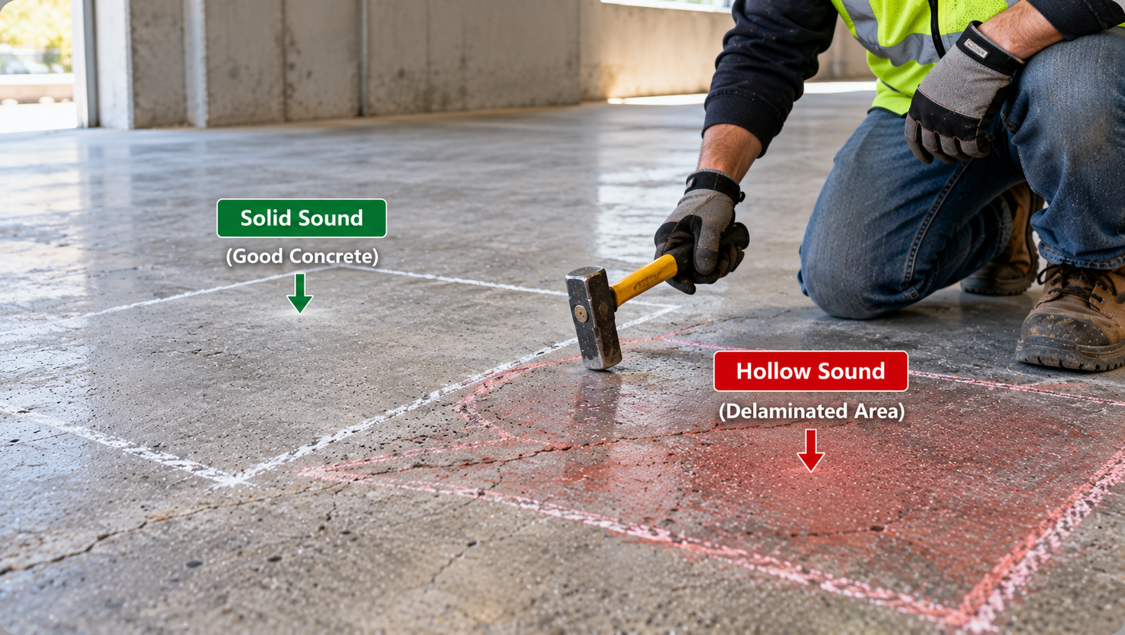 Contractor performing a hammer sounding test on a concrete floor, comparing solid concrete with a hollow-sounding area marked in red to identify possible concrete delamination.