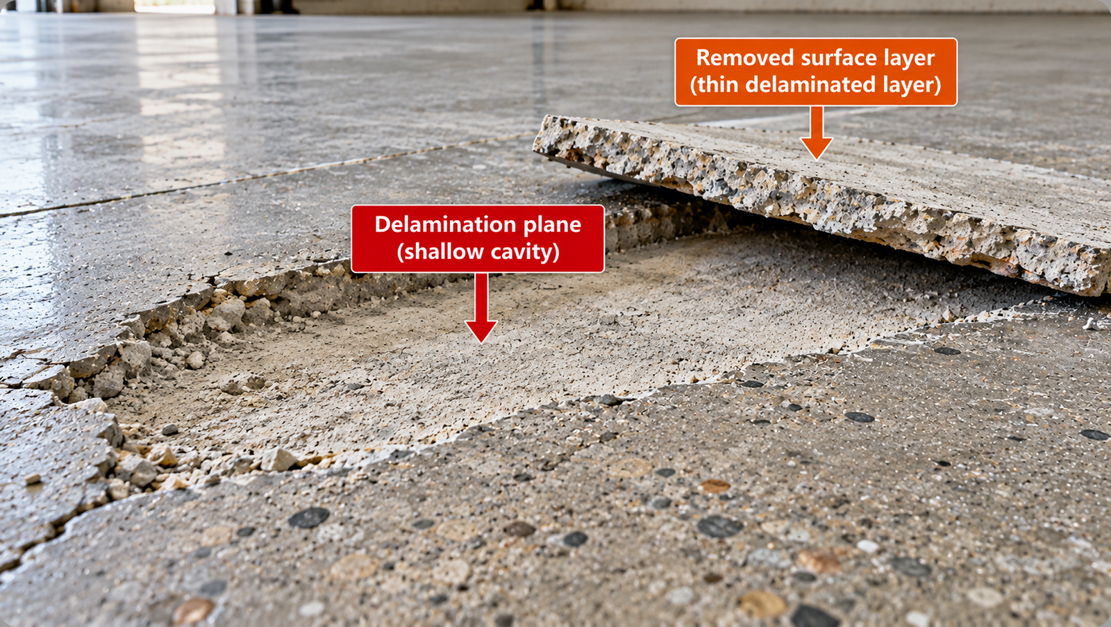 Close-up of a delaminated concrete floor showing a detached thin surface layer, exposed shallow cavity, and underlying concrete substrate where surface separation has occurred.