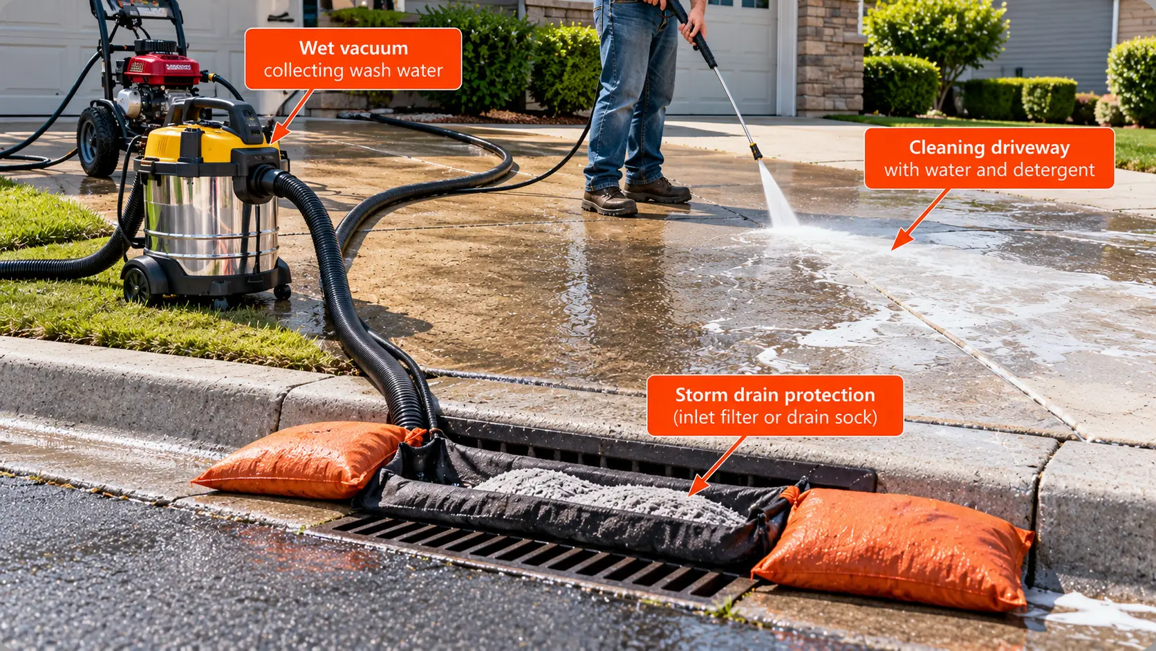 Worker pressure washing a concrete driveway while a wet vacuum and protective drain filter help manage cleaning wastewater.