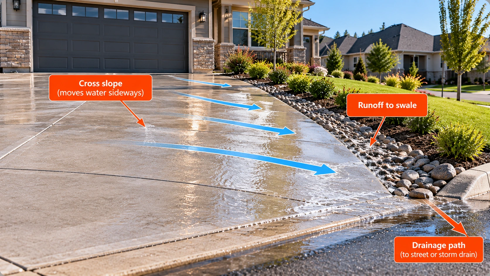 Sloped residential concrete driveway with blue arrows showing rainwater runoff moving sideways toward a landscaped rock-lined swale and drainage path near the street.