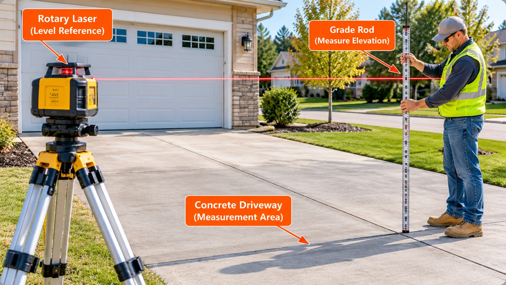 Contractor holding a grade rod on a concrete driveway while a rotary laser level on a tripod provides a horizontal elevation reference.