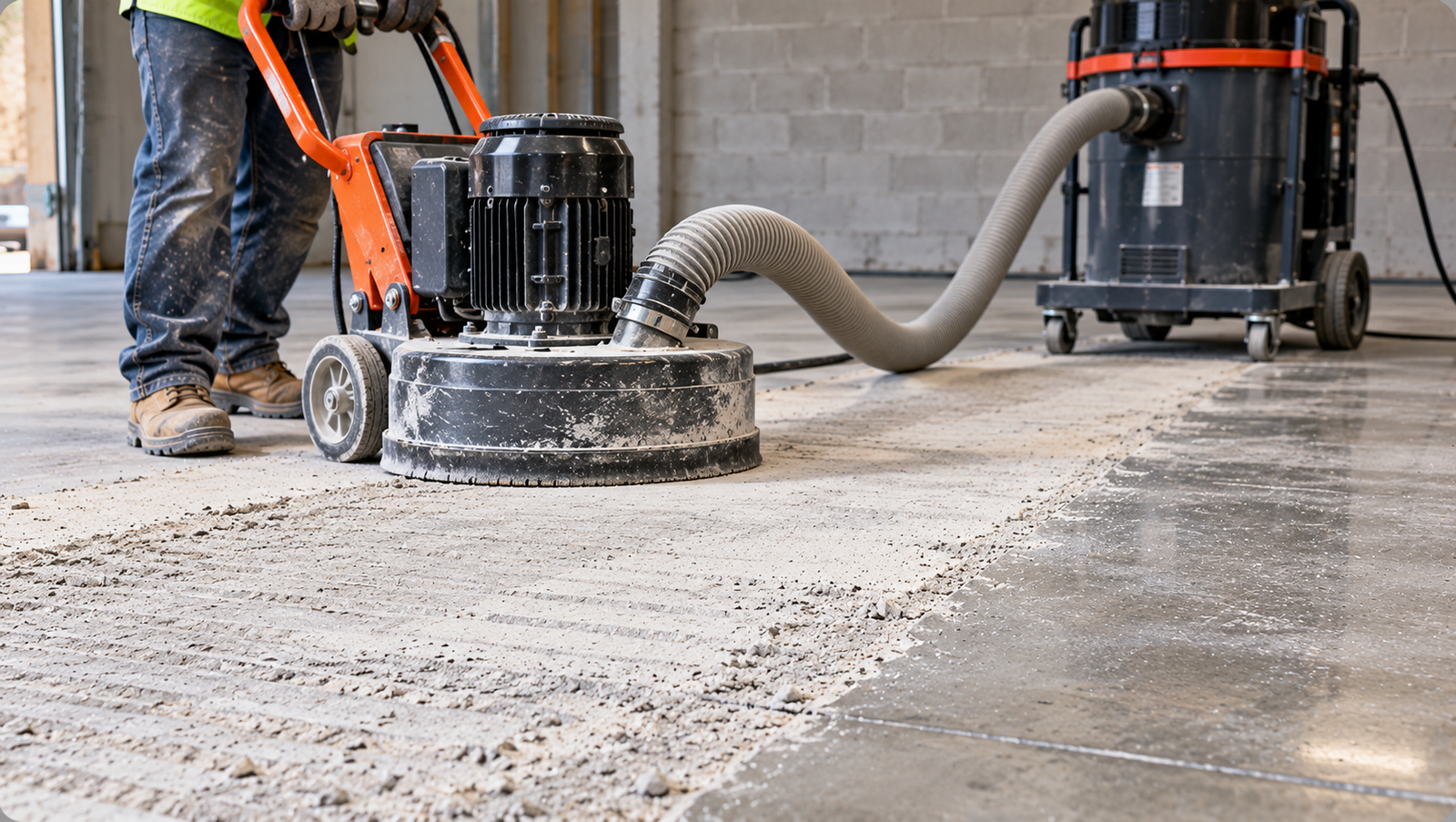 Construction worker operating a concrete floor grinder connected to an industrial dust extractor, removing a deteriorated surface layer and preparing a garage floor for repair or resurfacing.