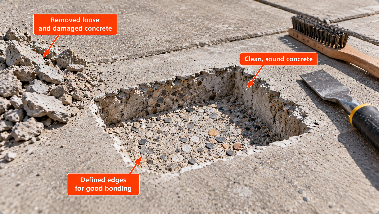 Damaged concrete removed from a slab to form a rectangular repair area, with exposed aggregate, broken concrete debris, a wire brush, and a scraper.