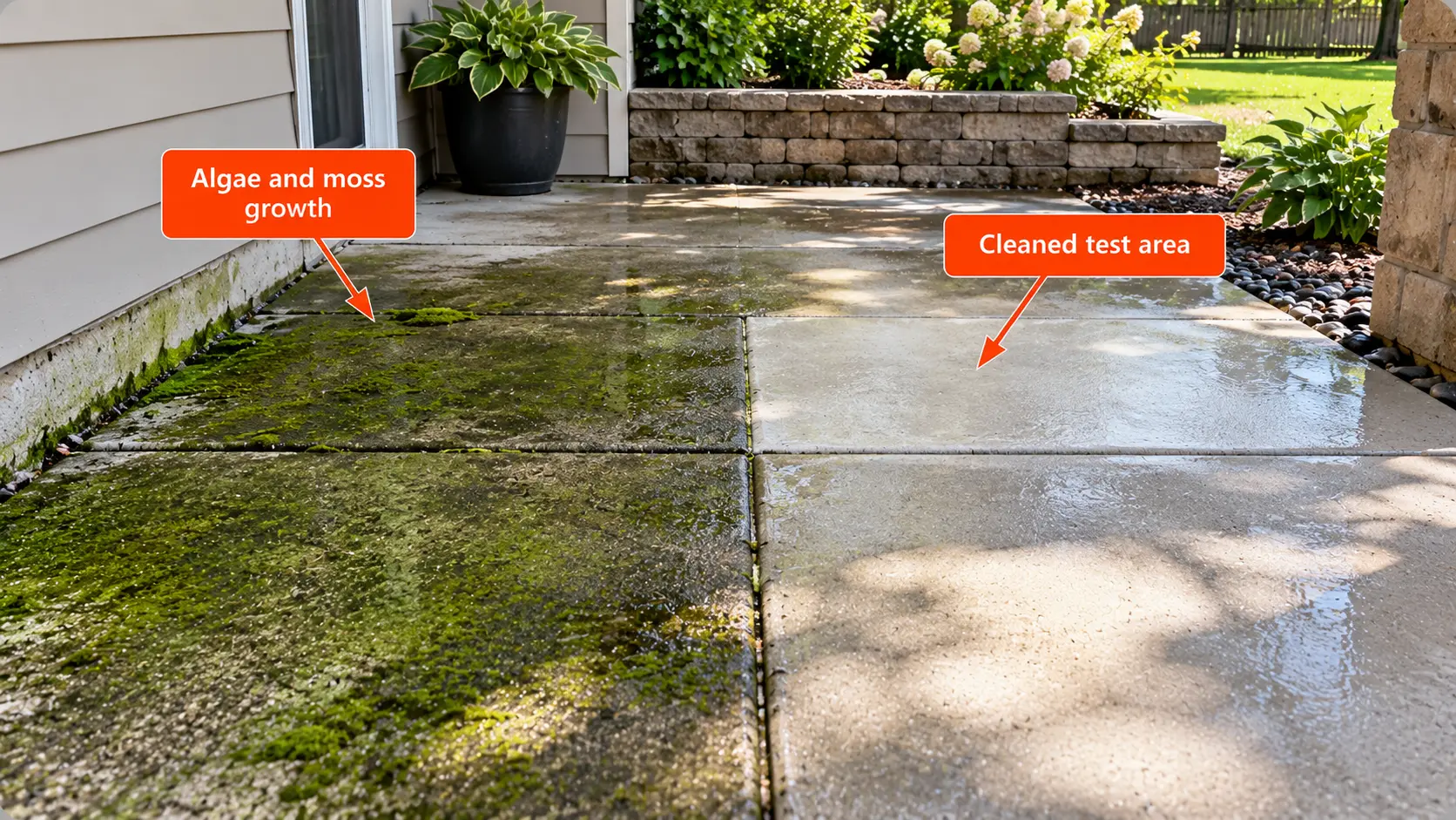 Concrete patio with green algae and moss growth on the left and a cleaned test area on the right, showing the difference in surface appearance.