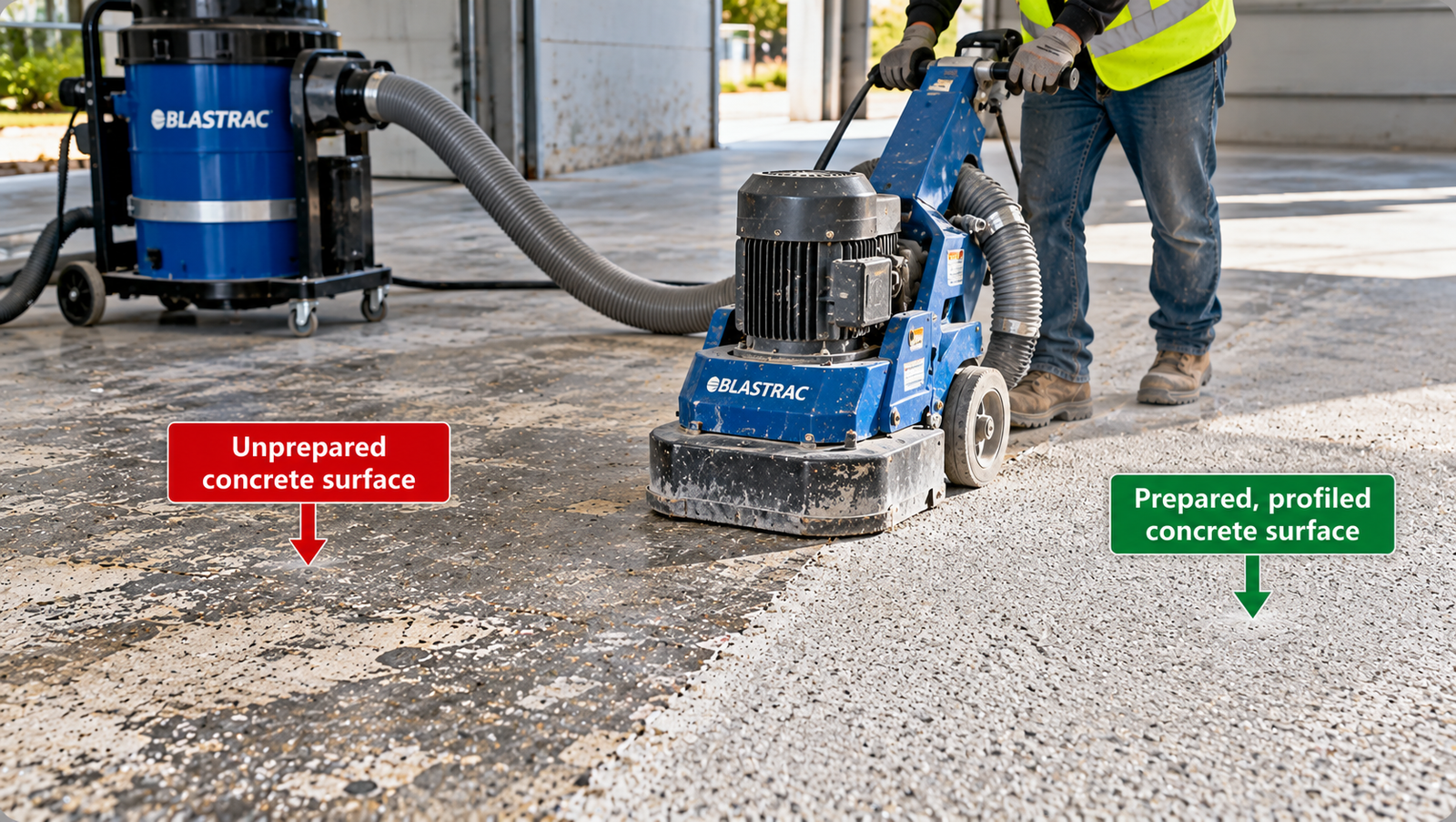Contractor using a walk-behind concrete floor grinder connected to a dust extractor, showing the difference between an unprepared concrete surface and a rough, profiled surface ready for further preparation before resurfacing.