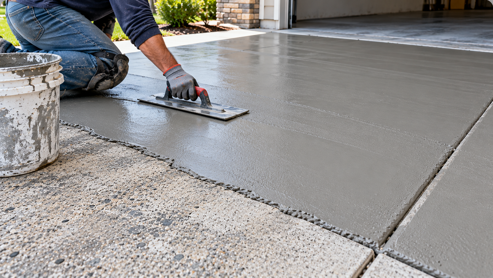 Contractor using a hand trowel to smooth a fresh gray concrete resurfacing layer on a residential driveway beside an existing exposed aggregate concrete surface.
