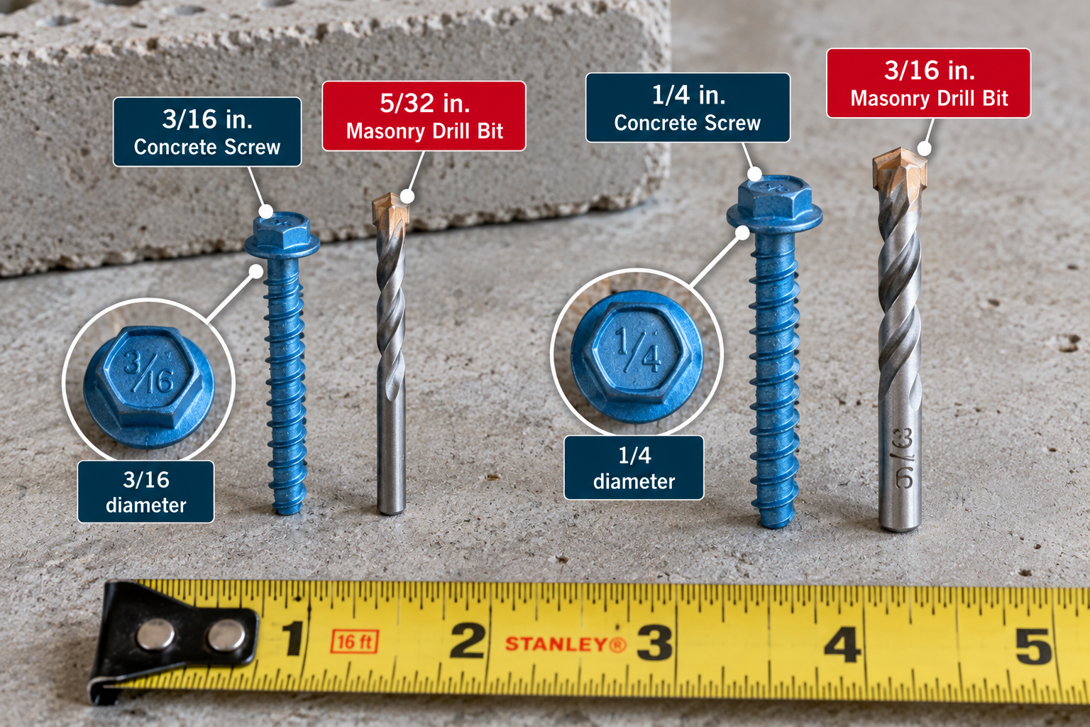 Comparison of 3/16-inch and 1/4-inch concrete screws with their corresponding 5/32-inch and 3/16-inch masonry drill bits.