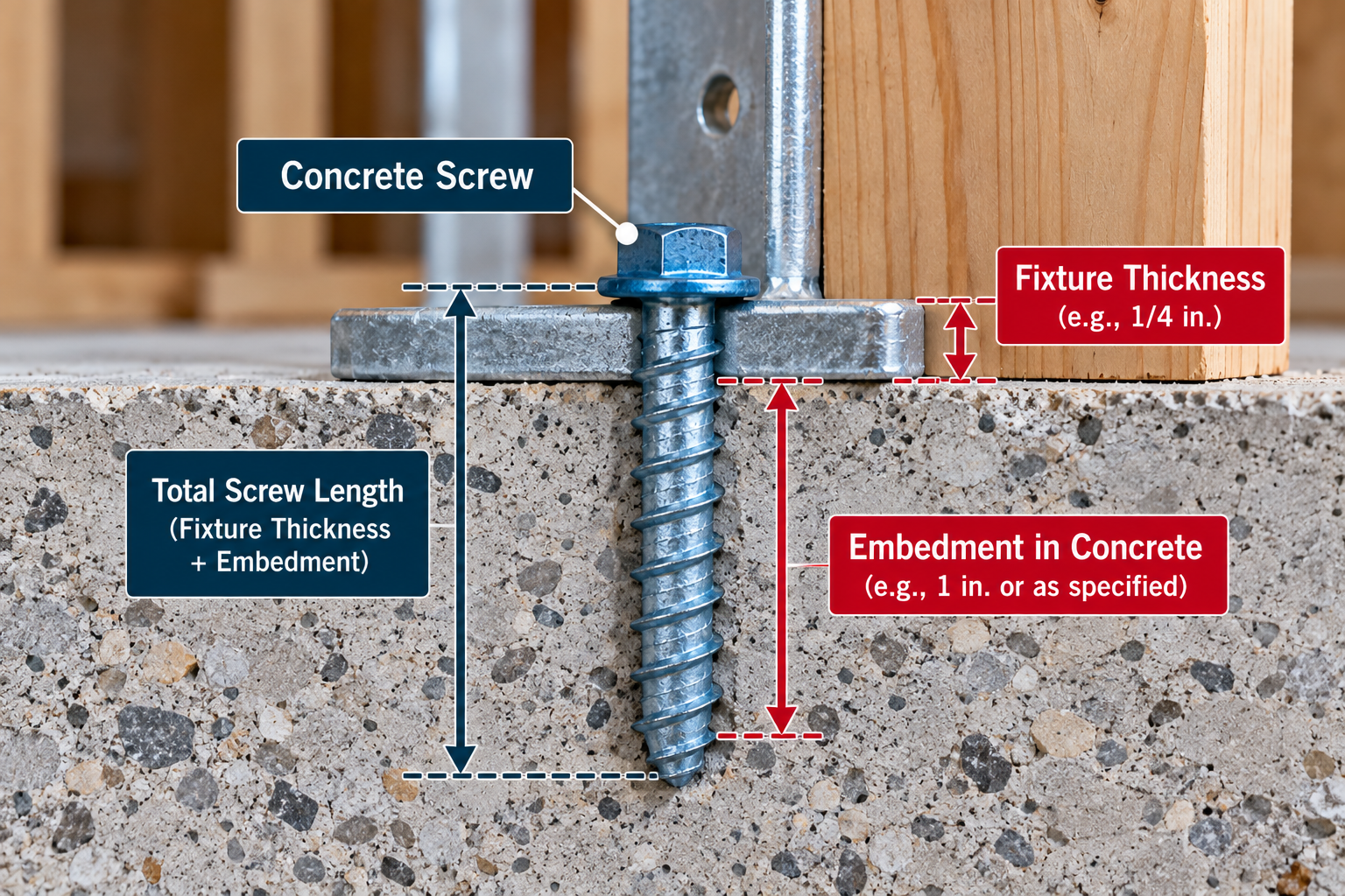 Concrete screw installed through a metal fixture into concrete, showing total screw length, fixture thickness, and embedment depth.