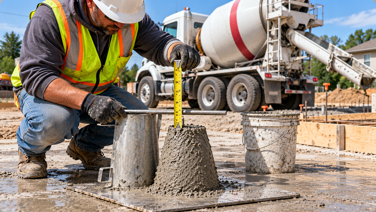 Construction worker measuring the slump of freshly mixed concrete with a tape measure and metal straightedge beside a slump cone mold at a construction site.