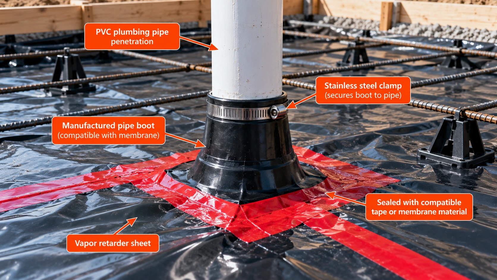 PVC plumbing pipe penetrating a black under-slab vapor barrier, sealed with a manufactured pipe boot, metal clamp, and red sealing tape over reinforced slab preparation.
