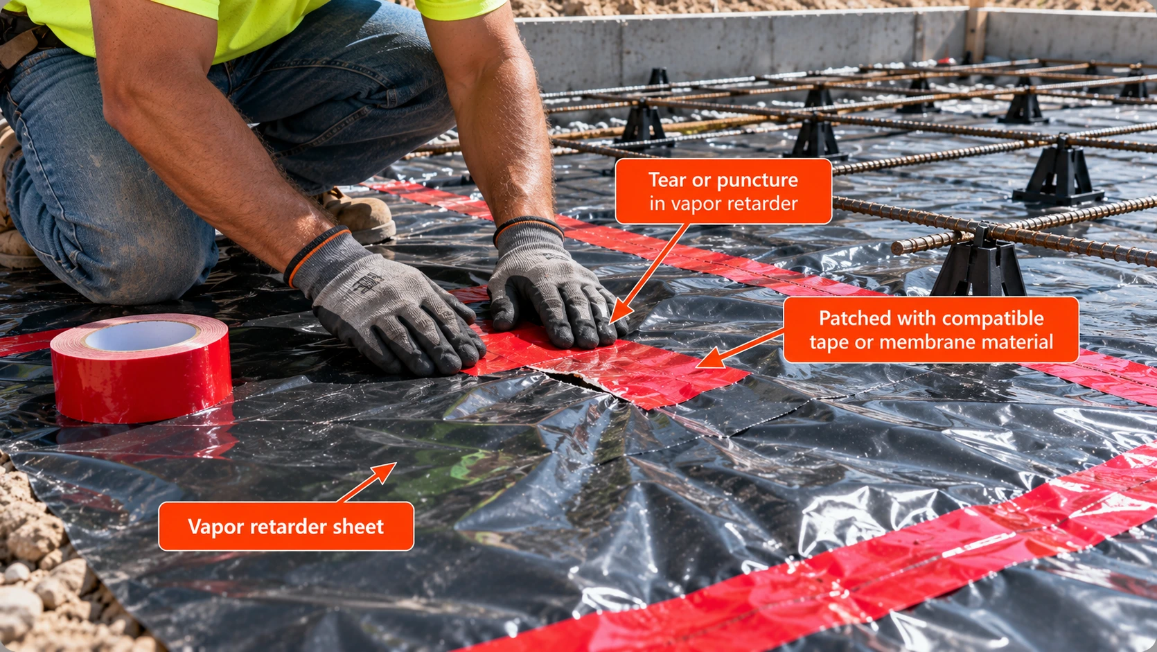 Worker applying red sealing tape over a tear in a black under-slab vapor retarder, with reinforcing steel and rebar supports visible.