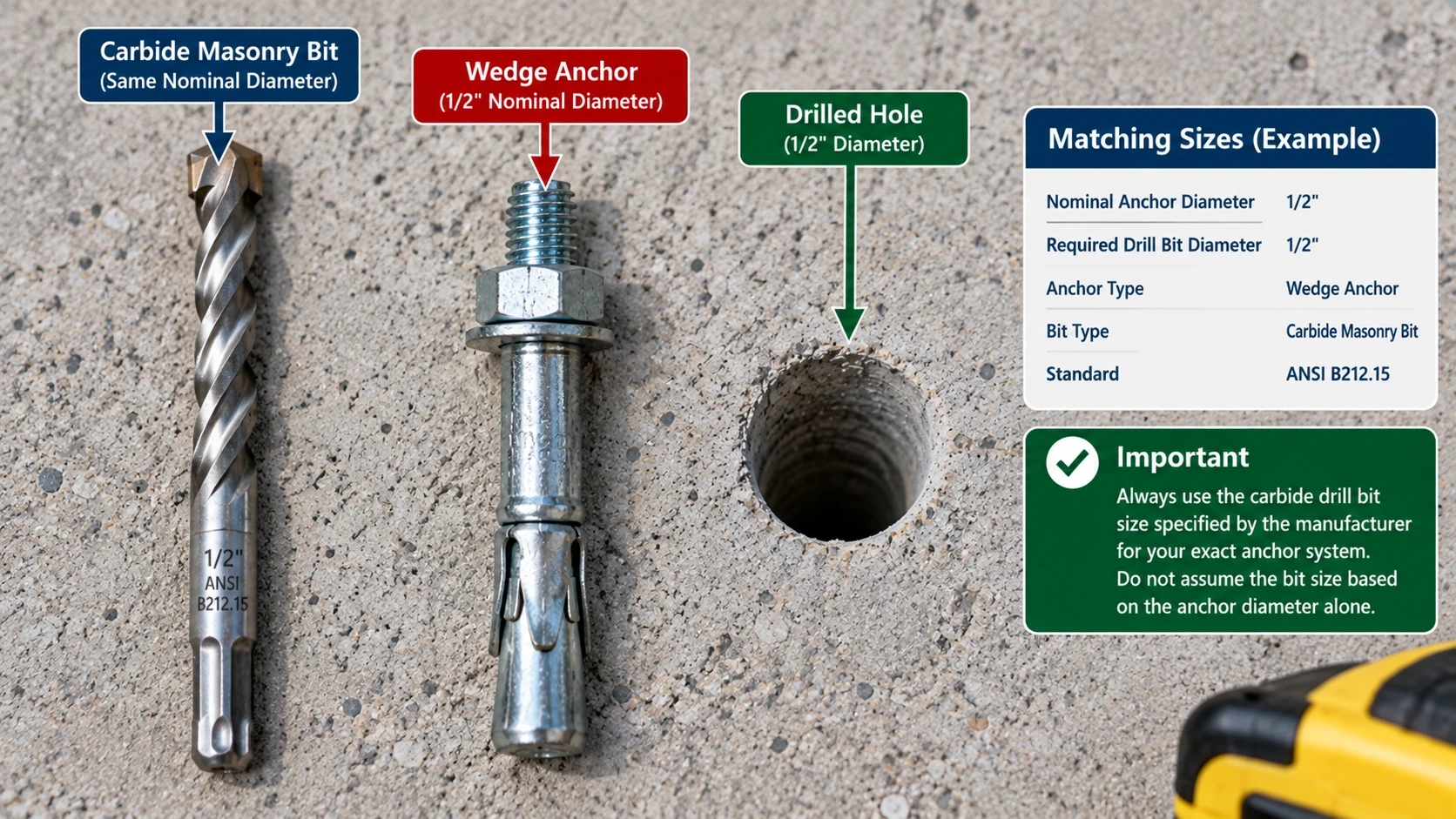 1/2-inch concrete wedge anchor shown beside a matching 1/2-inch carbide masonry drill bit and drilled concrete hole, with ANSI B212.15 reference and anchor sizing comparison.