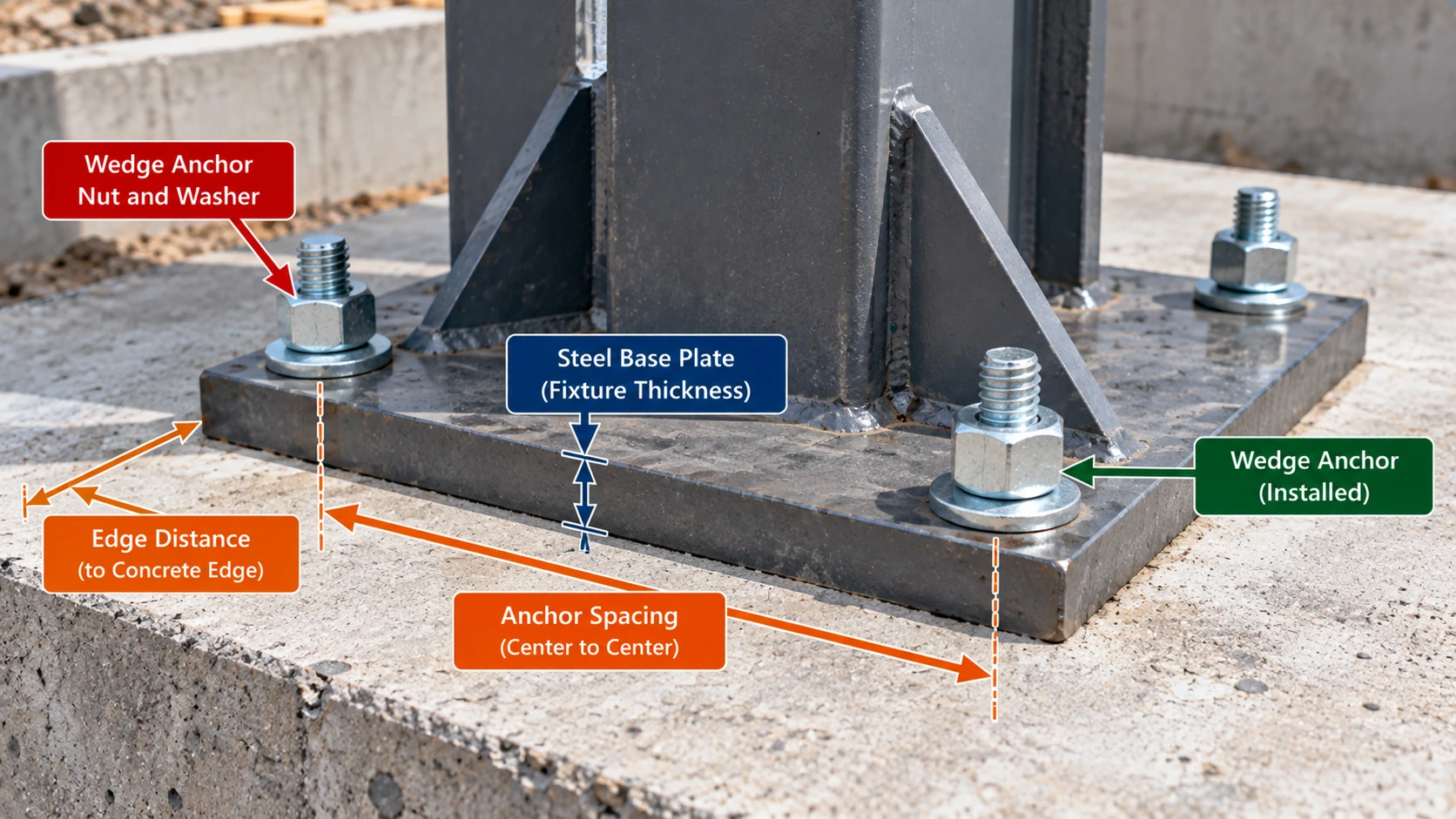 Steel column base plate secured to concrete with wedge anchors, showing anchor spacing measured center to center, concrete edge distance, fixture thickness, and installed anchor nuts and washers.