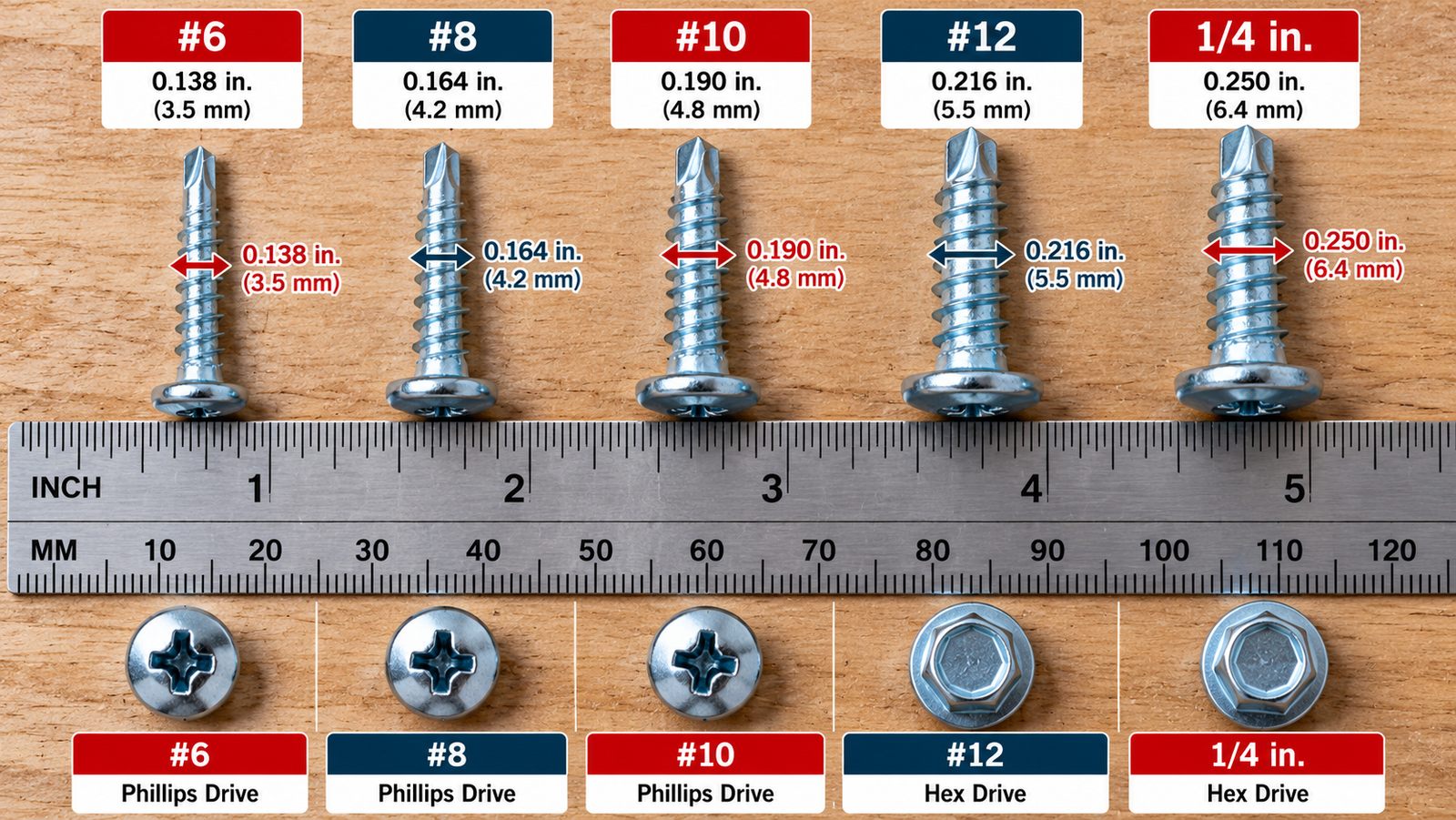 Construction screw size comparison showing #6, #8, #10, #12, and 1/4-inch screws with diameters in inches and millimeters beside an inch and metric ruler.