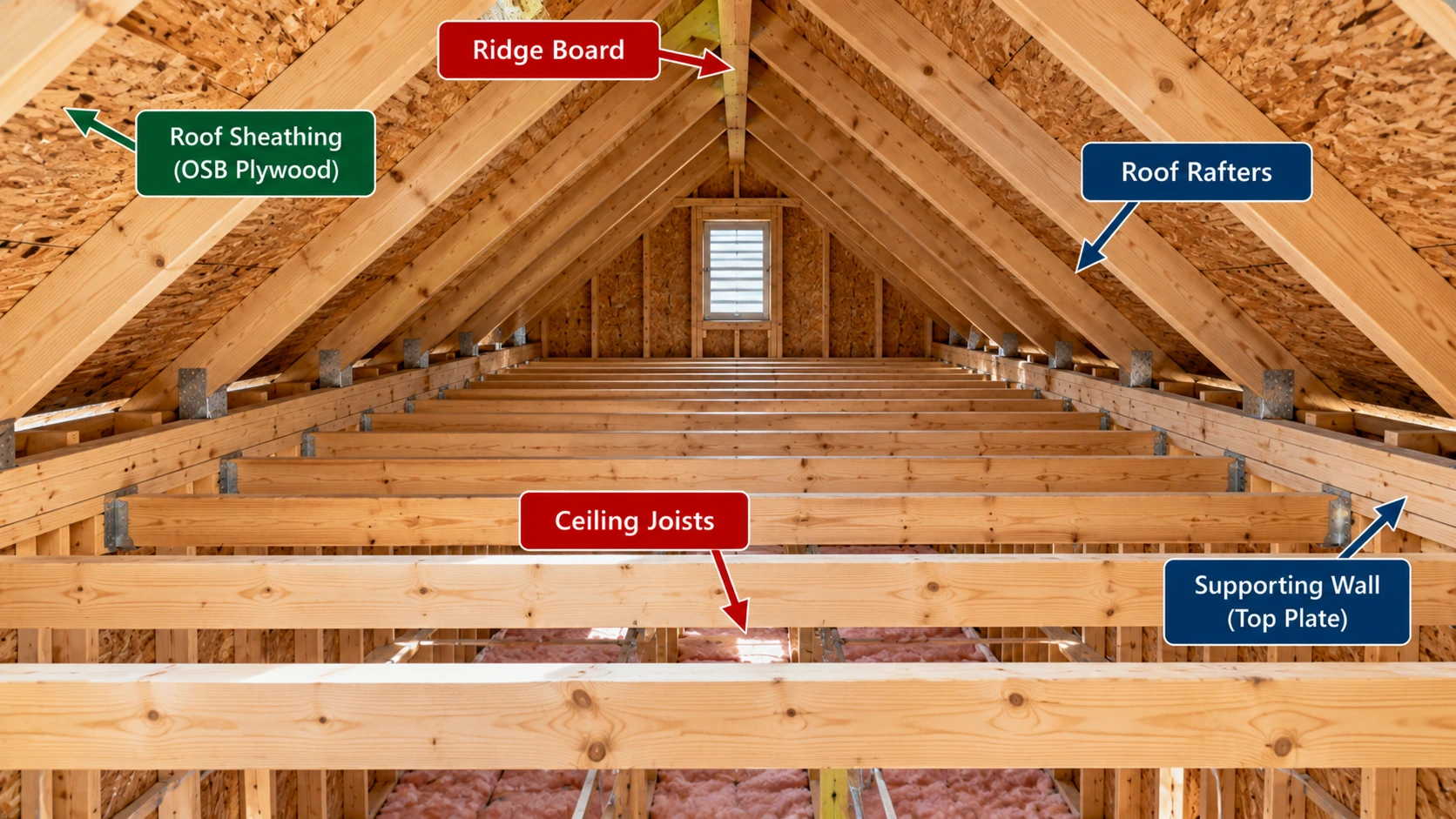 Unfinished residential attic showing solid-sawn wood ceiling joists spanning between supporting walls, sloped roof rafters, ridge board, roof sheathing and framing connections.