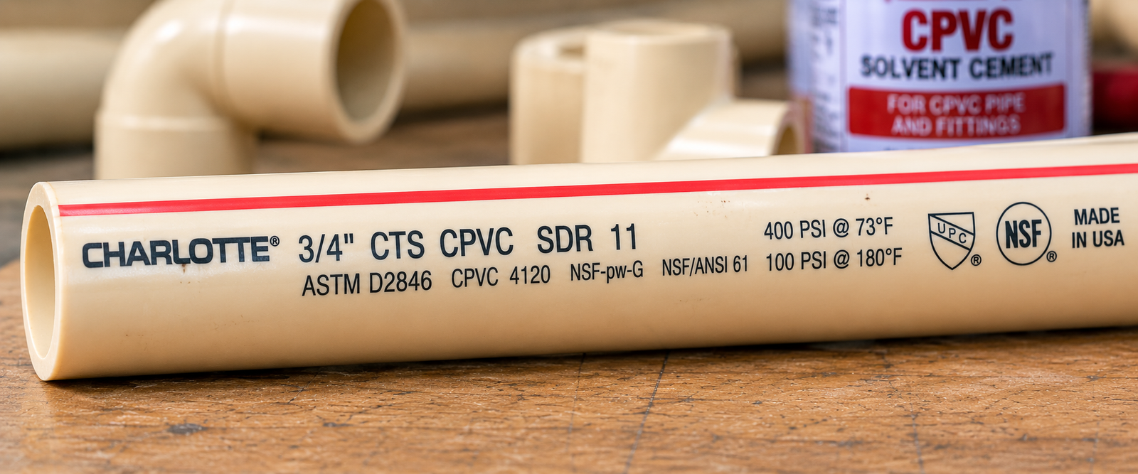 Close-up of a 3/4-inch CTS CPVC SDR 11 pipe showing ASTM D2846, CPVC 4120, NSF markings, and pressure ratings of 400 PSI at 73°F and 100 PSI at 180°F.