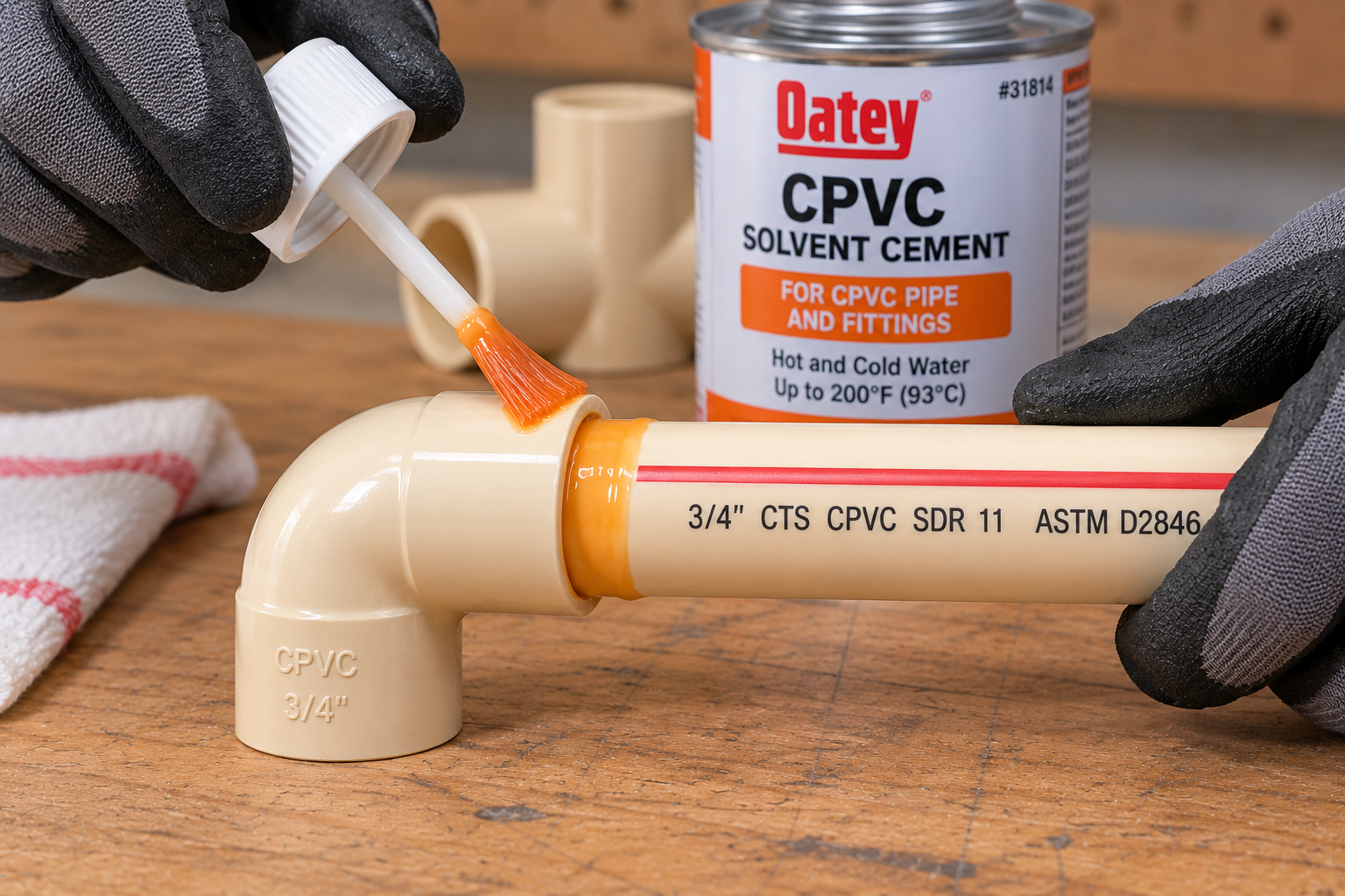 Gloved hands applying orange CPVC solvent cement with a brush to a 3/4-inch CTS CPVC pipe and 90-degree elbow fitting on a workbench.