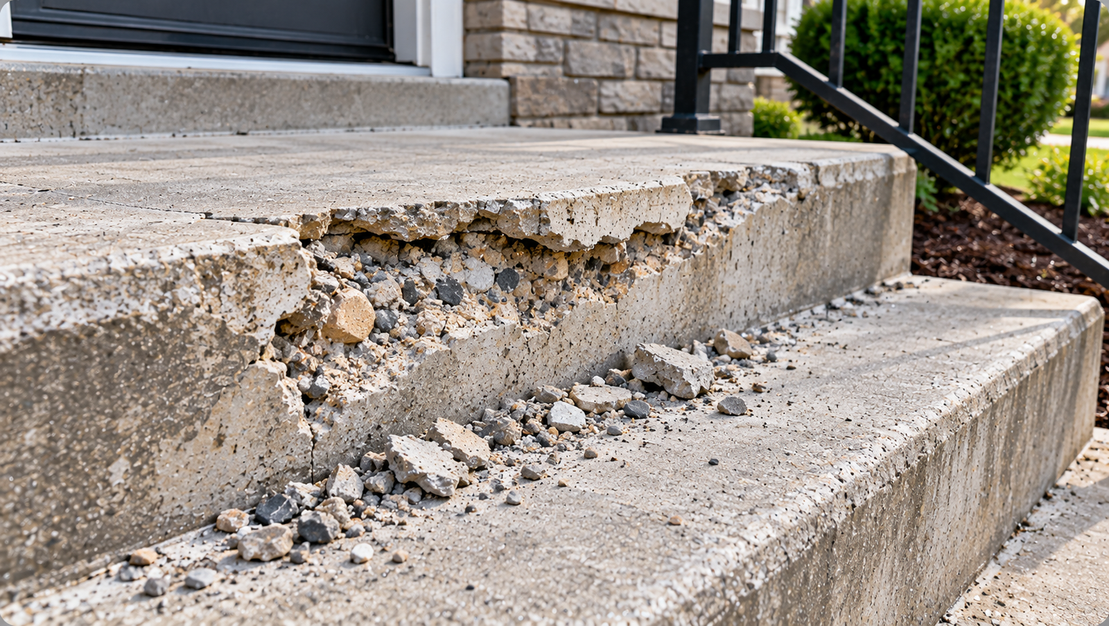 Close-up of exterior concrete stairs with a broken leading tread edge, exposed gravel aggregate, loose concrete fragments, and visible spalling.