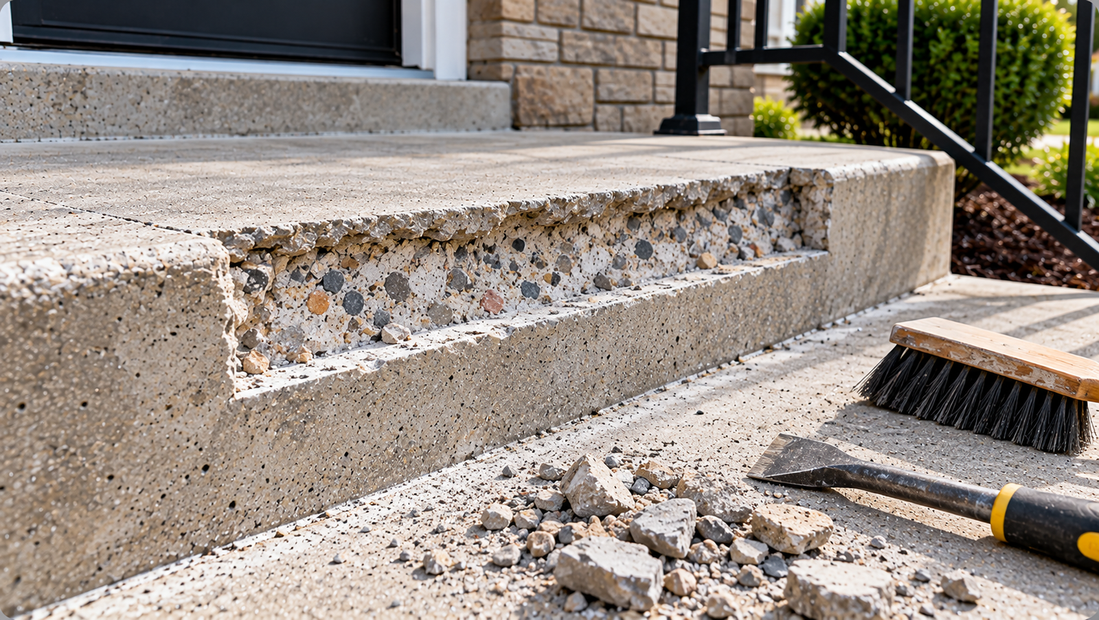 Crumbling concrete step with a damaged front edge exposing coarse aggregate, surrounded by loose concrete debris, a wire brush, and a scraper.