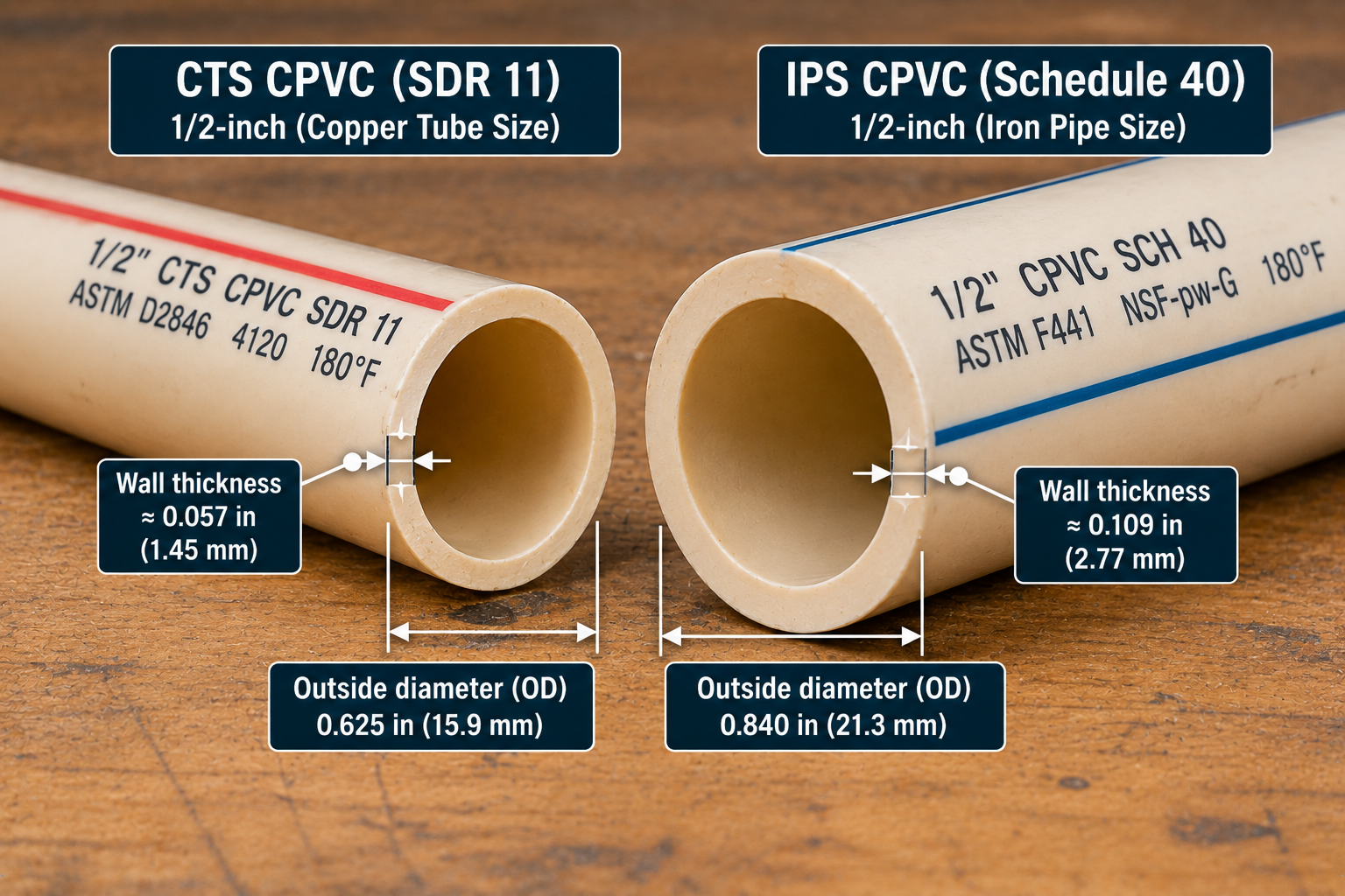 Side-by-side comparison of 1/2-inch CTS CPVC SDR 11 and IPS CPVC Schedule 40 pipes showing outside diameters of 0.625 and 0.840 inches and their wall thicknesses.