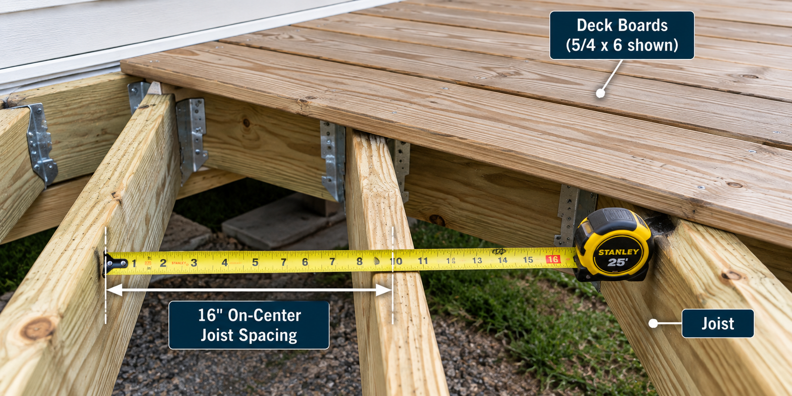 Wood deck framing with 5/4 × 6 decking boards, exposed support joists, metal joist hangers, and a tape measure illustrating 16-inch on-center spacing.