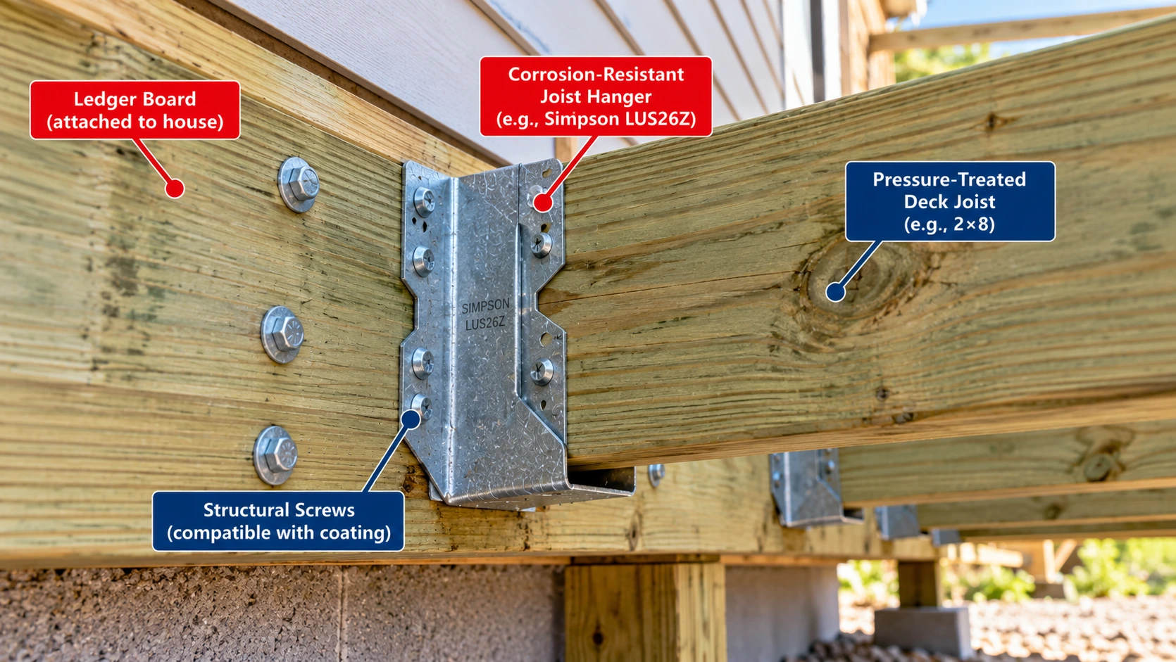 Galvanized face-mount joist hanger connecting a pressure-treated deck joist to a house ledger board, with structural screws and corrosion-resistant connector labeled.