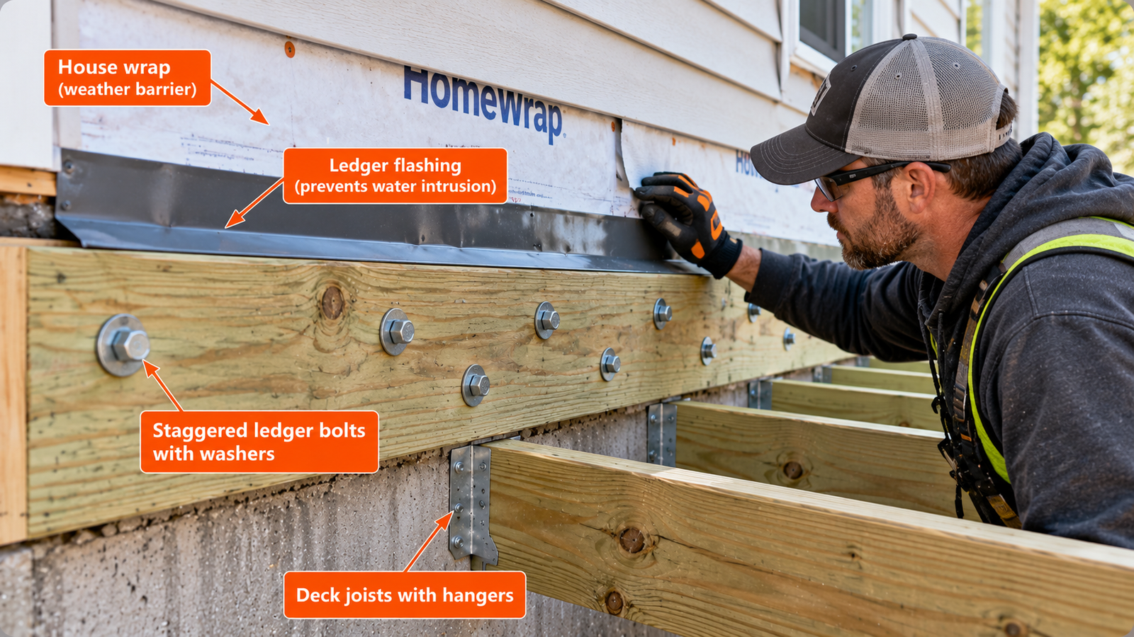 Contractor installing metal flashing above a pressure-treated deck ledger board attached to a house with staggered bolts and washers, showing house wrap and deck joist hangers.