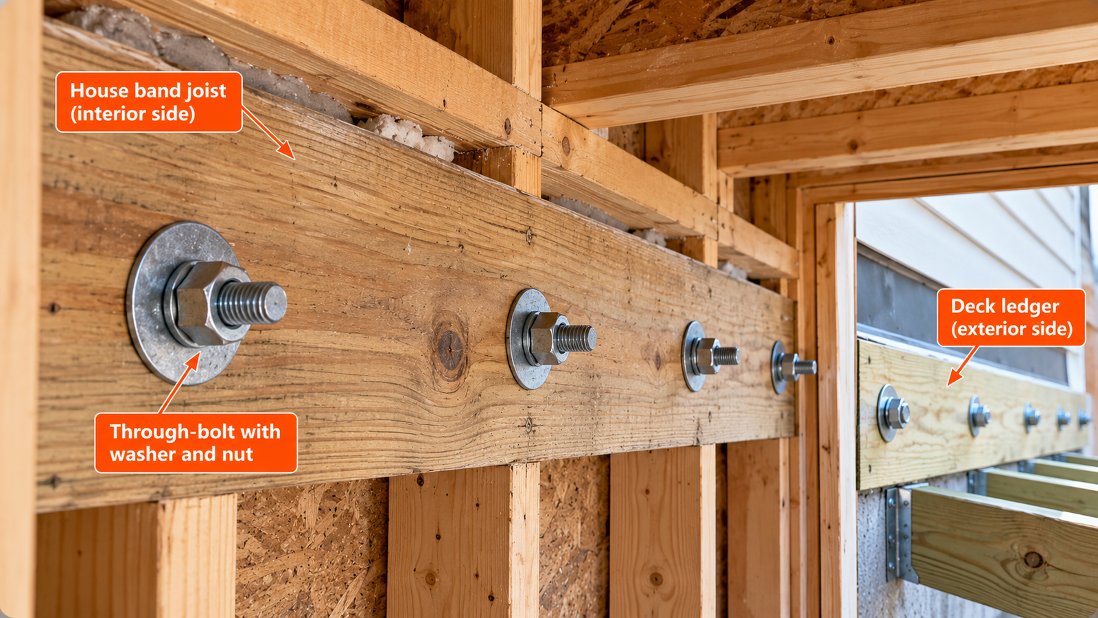 Interior view of a house band joist showing through-bolts secured with large washers and hex nuts, with an exterior deck ledger board attached on the opposite side.
