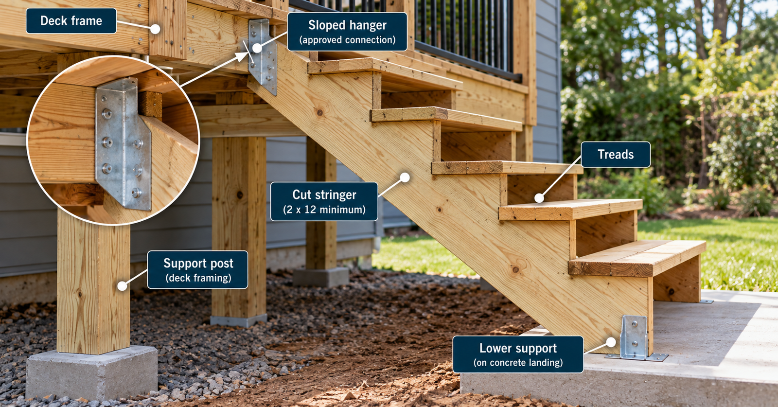 Wood deck staircase showing a notched 2×12 stair stringer attached to the deck frame with a sloped metal hanger and supported at the bottom by a metal bracket on a concrete landing.