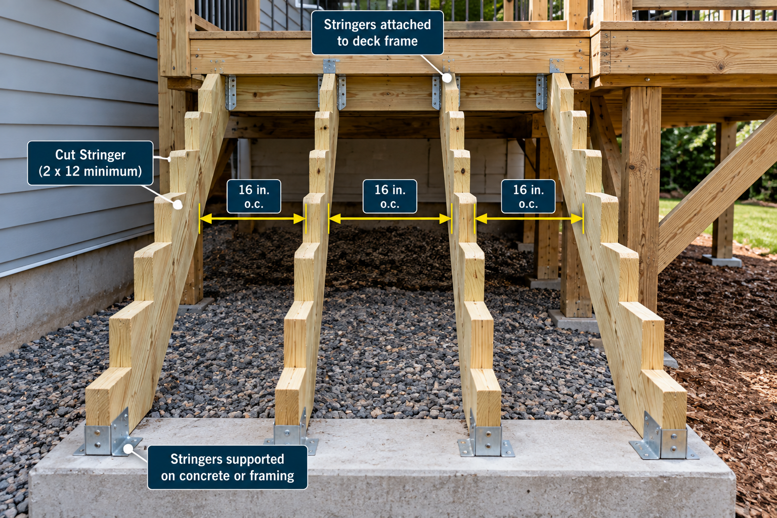 Four notched wood deck stair stringers installed 16 inches on center, with metal connectors attaching the upper ends to the deck frame and lower ends to a concrete landing.
