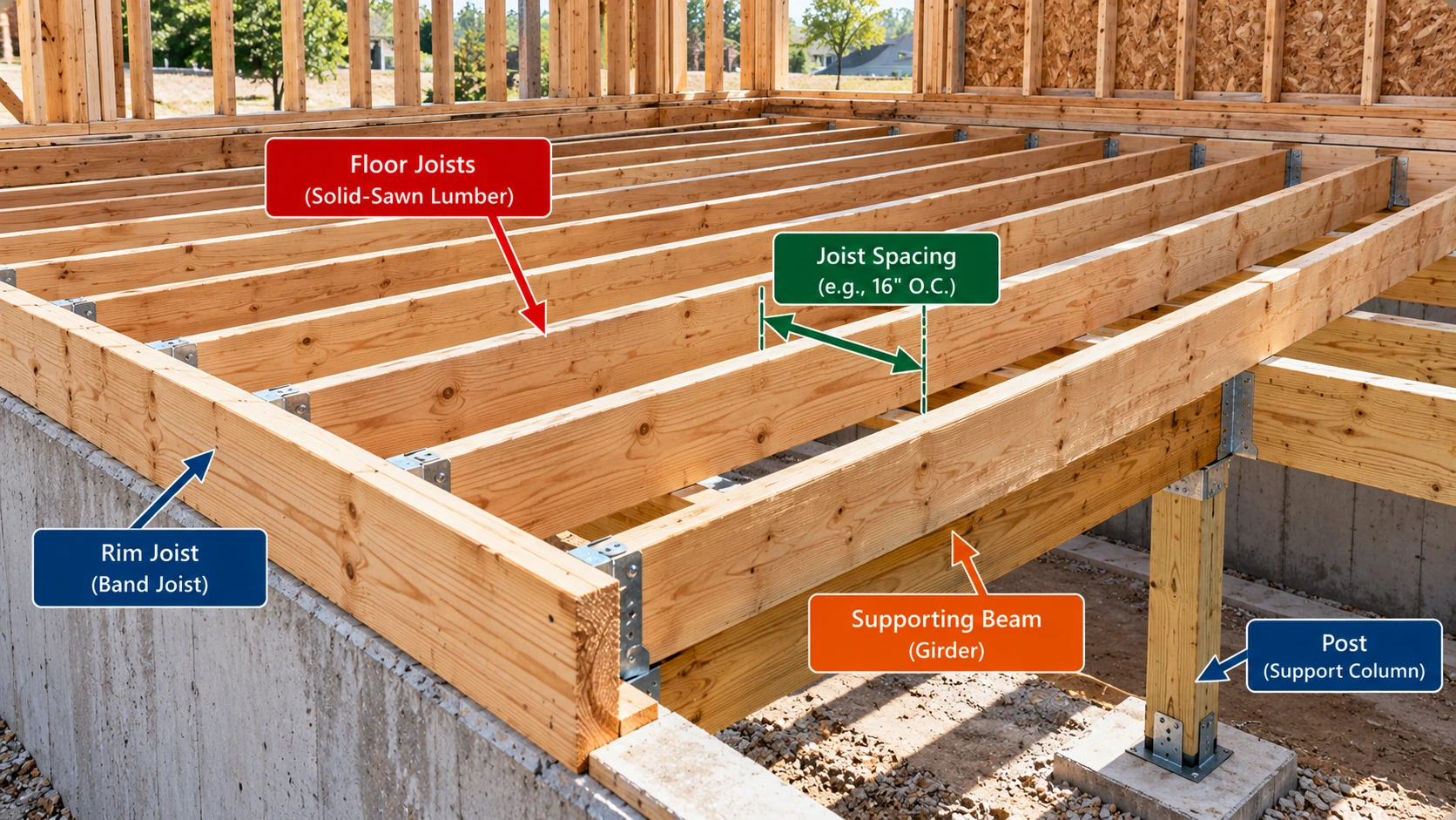 Residential floor framing before subfloor installation showing solid-sawn lumber floor joists, rim joist, joist spacing, supporting beam, and support post.