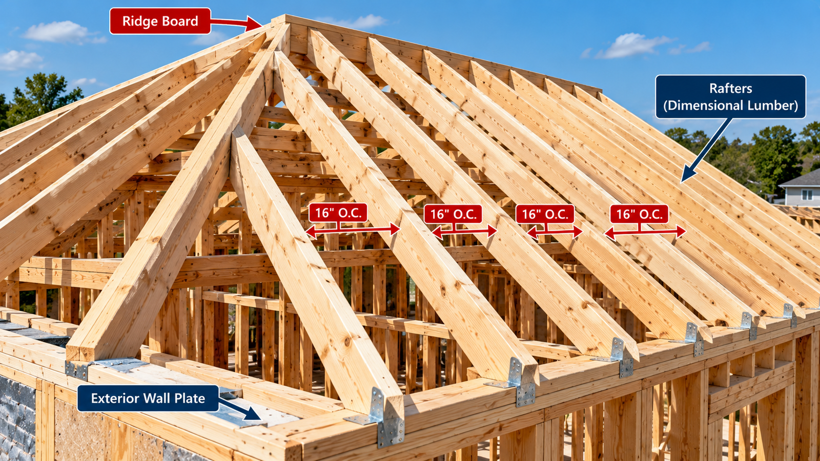 Unfinished residential roof framing showing dimensional-lumber rafters extending from the ridge board to exterior wall plates, with illustrated 16-inch on-center spacing.