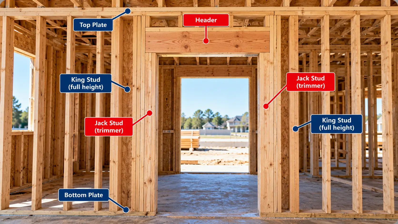 Residential wood-framed door opening showing jack studs supporting the header, full-height king studs, top plate and bottom plate.