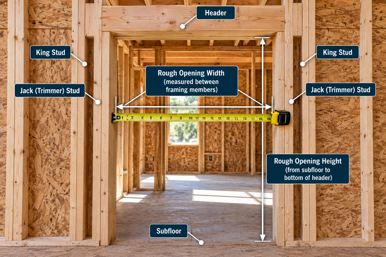 Door Rough Opening Framing – Width, Height, Header, King Studs and Jack Studs