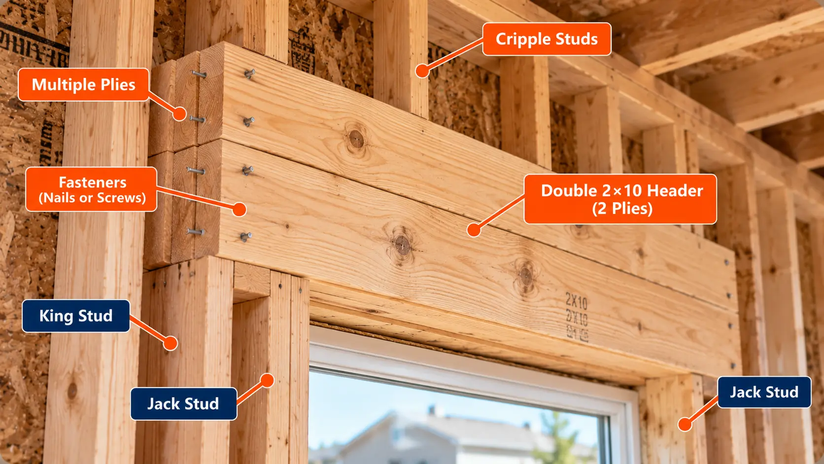 Double 2×10 lumber header above a framed window opening showing king studs, jack studs, cripple studs, and framing fasteners.