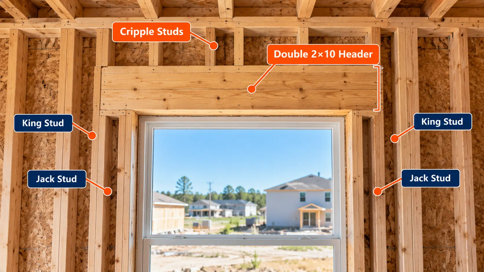 Residential wood-framed wall showing a built-up lumber header above a window, with labeled king studs, jack studs and cripple studs.