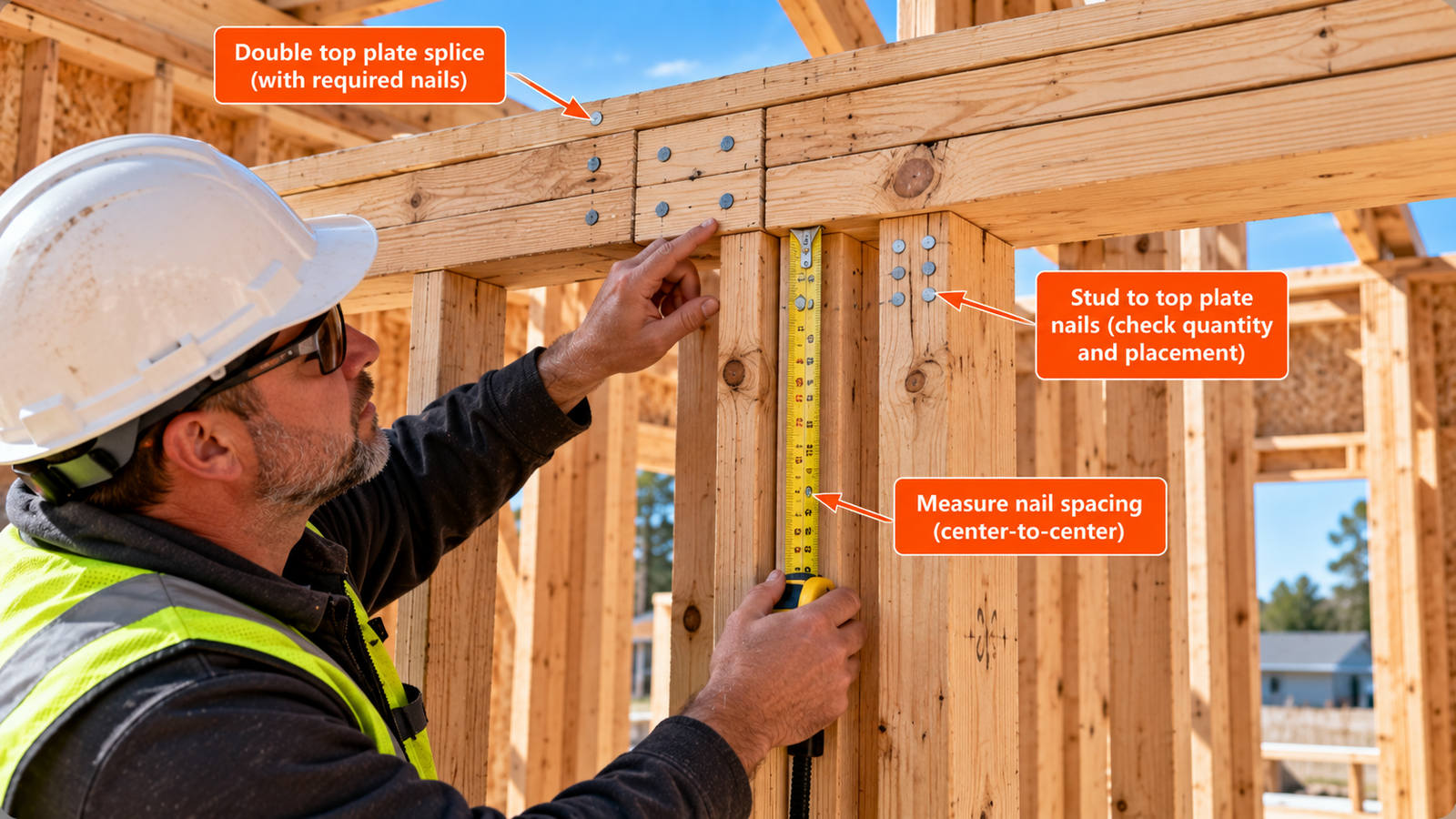 Construction worker measuring wood wall framing with a tape measure, showing labeled double top plate splice nails, stud-to-top-plate fasteners, and nail spacing.