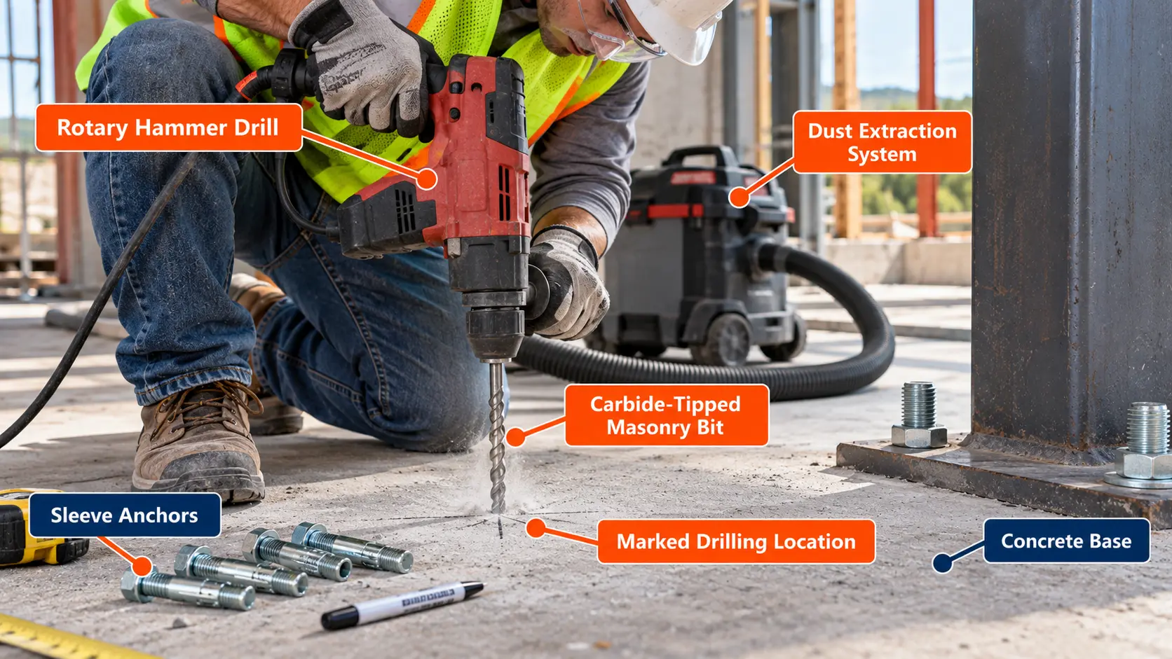 Construction worker using a rotary hammer drill with a carbide-tipped masonry bit to drill a concrete base for sleeve anchors, with a dust extraction system nearby.