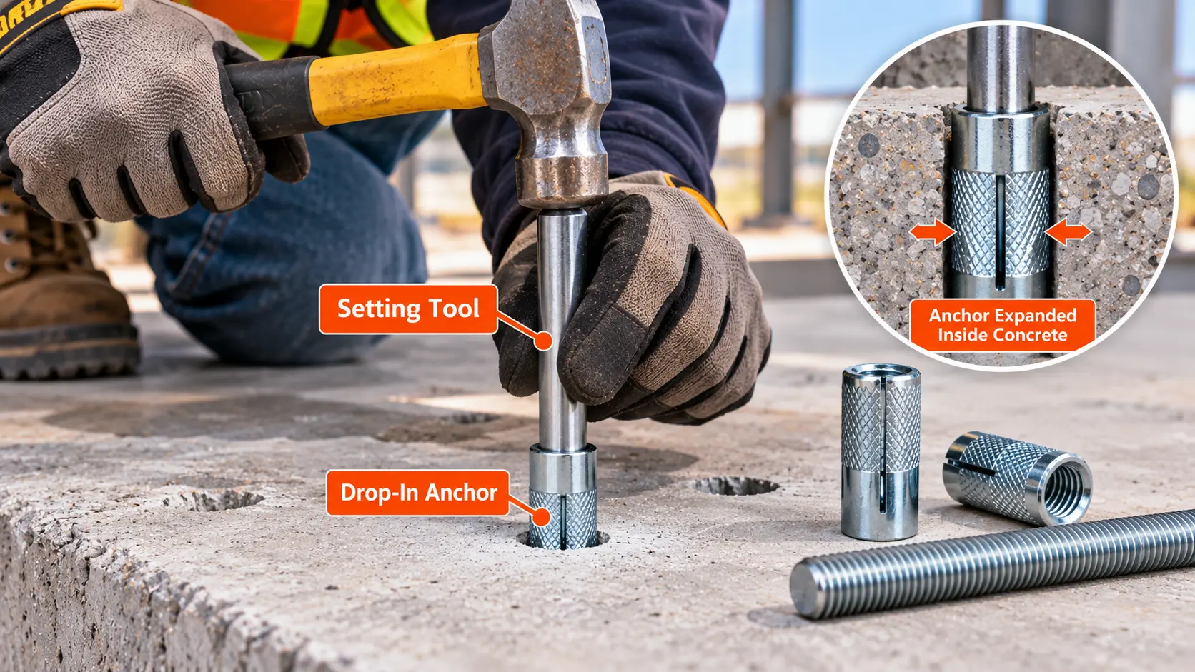 Construction worker using a hammer and setting tool to install a metal drop-in anchor into a drilled concrete hole, with a close-up illustration of the expanded anchor.