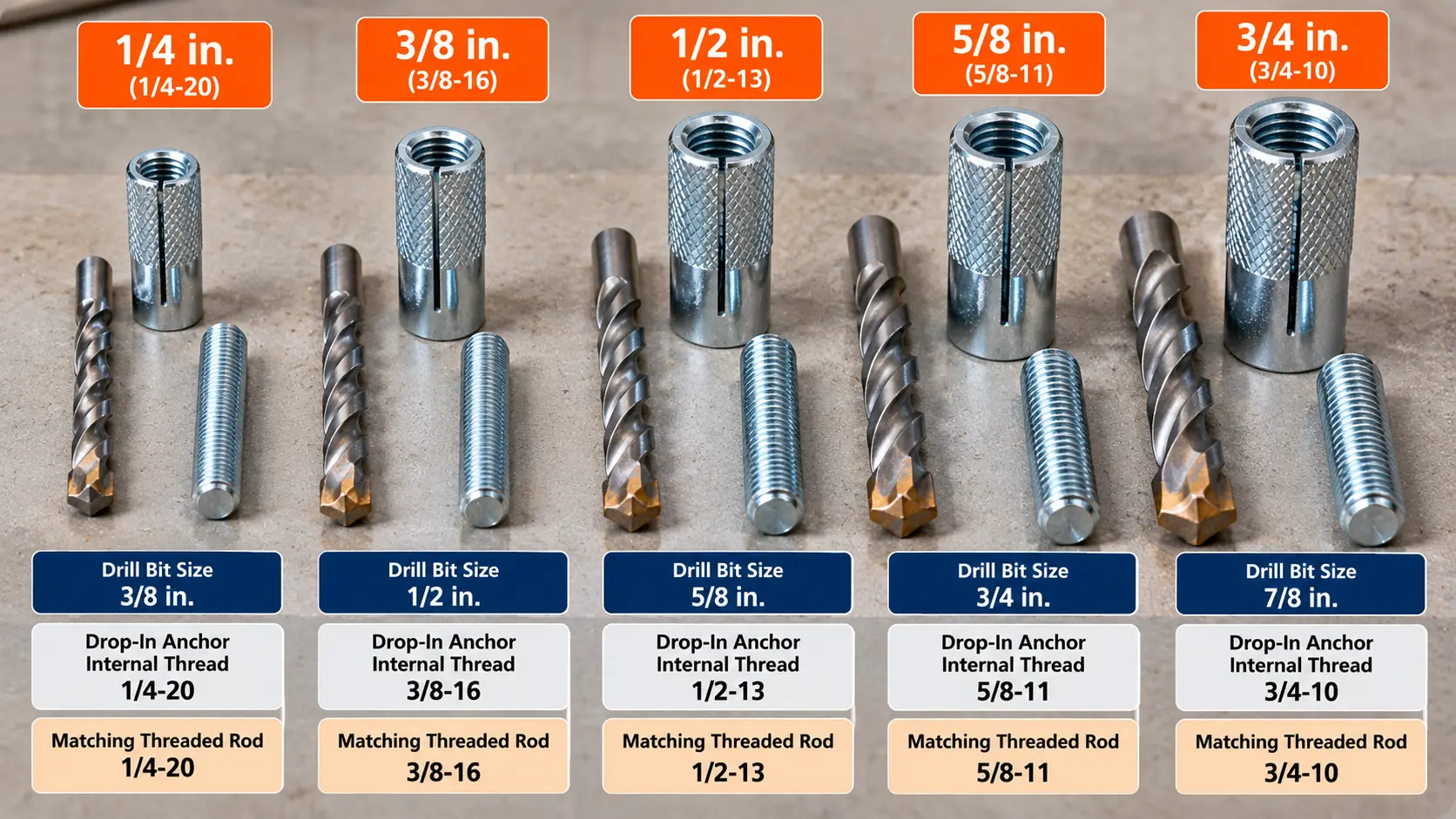 Concrete drop-in anchor size comparison showing 1/4, 3/8, 1/2, 5/8, and 3/4-inch internally threaded anchors with drill bits and matching threaded rods.