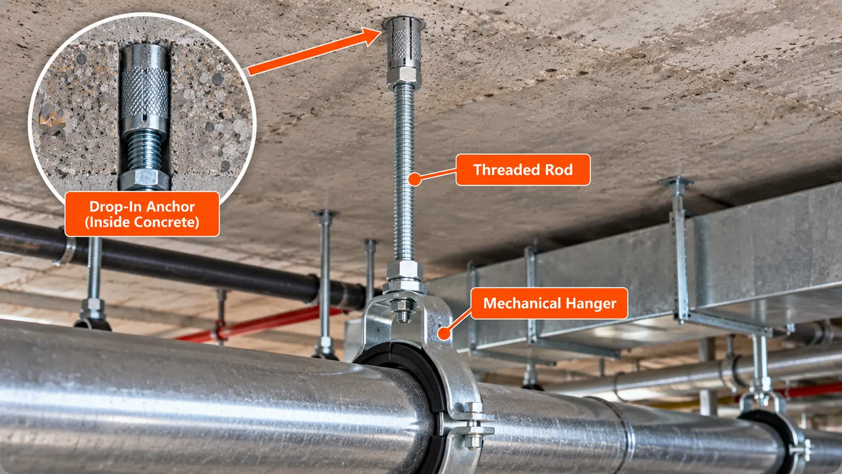 Drop-in concrete anchor securing a threaded rod and mechanical pipe hanger beneath a concrete ceiling, with a close-up of the anchor connection.