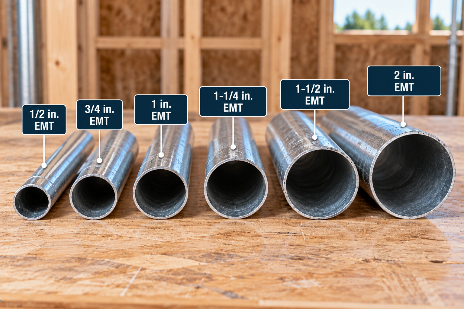 EMT conduit sizes compared from 1/2 inch to 2 inches, including 3/4, 1, 1-1/4 and 1-1/2 inch trade sizes.